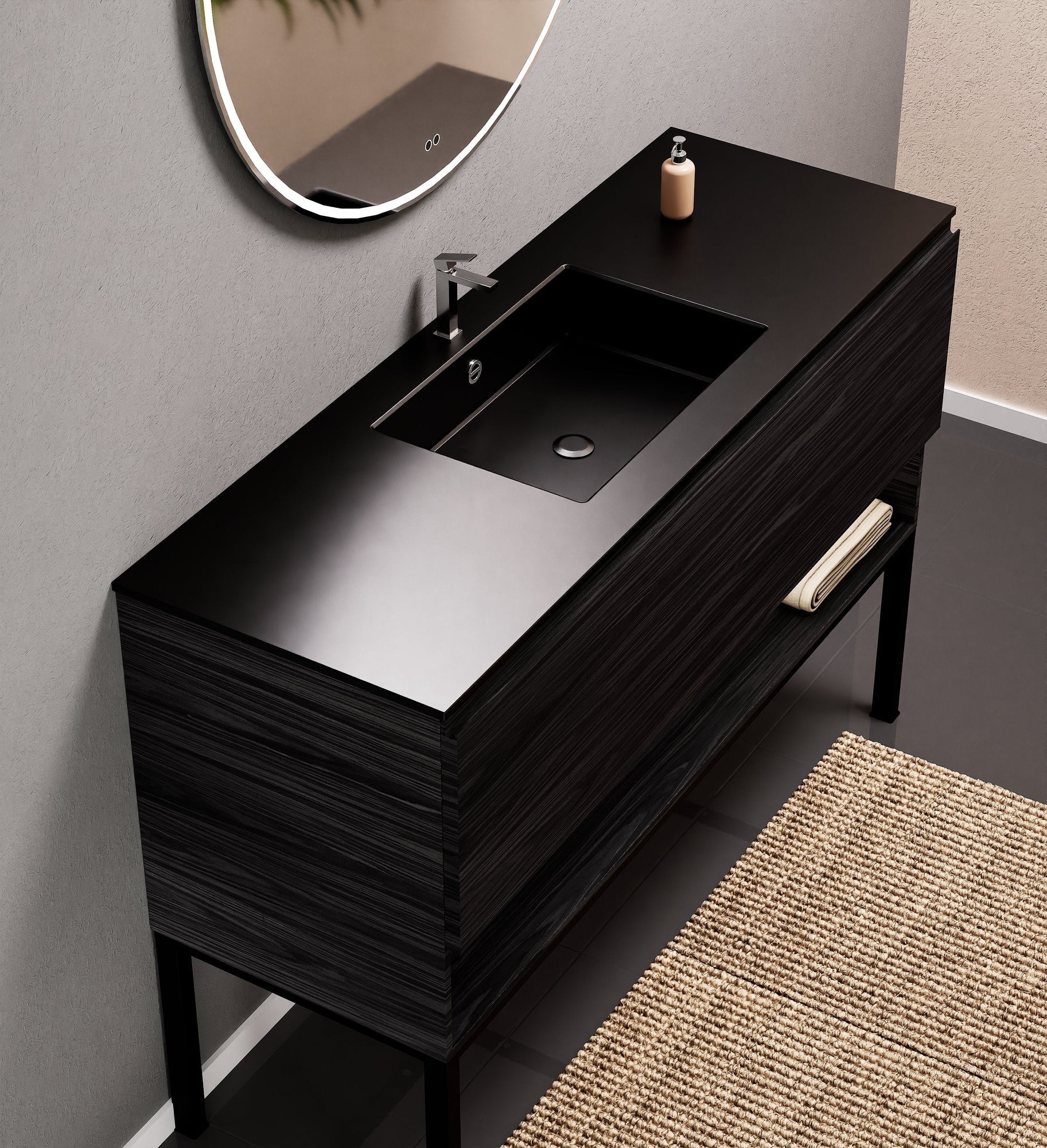 Aurora Single Set with Supporting Legs – Corian Basin & Countertop with 1 Drawer Vanity & Bottom Shelf - ROVALUX