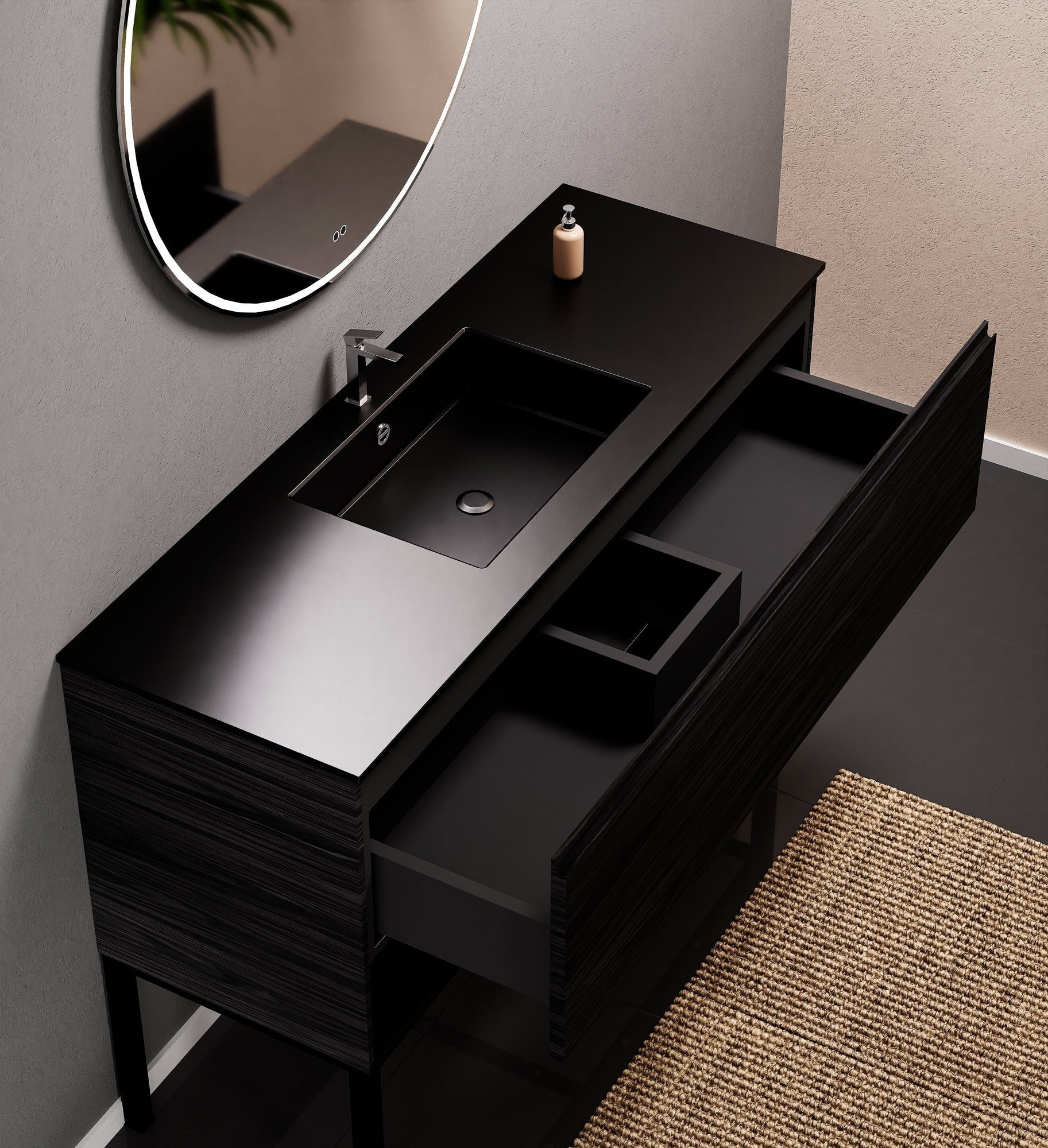 Aurora Single Set with Supporting Legs – Corian Basin & Countertop with 1 Drawer Vanity & Bottom Shelf - ROVALUX