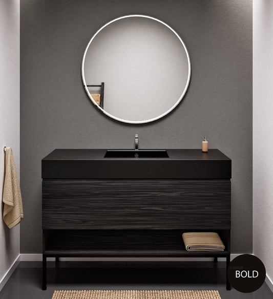 Aurora Single Set with Supporting Legs – Corian Basin & Countertop with 1 Drawer Vanity & Bottom Shelf - ROVALUX