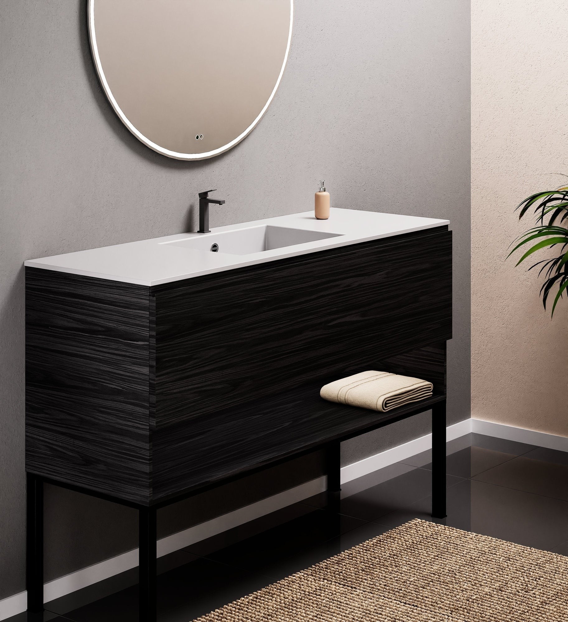 Aurora Single Set with Supporting Legs – Corian Basin & Countertop with 1 Drawer Vanity & Bottom Shelf - ROVALUX