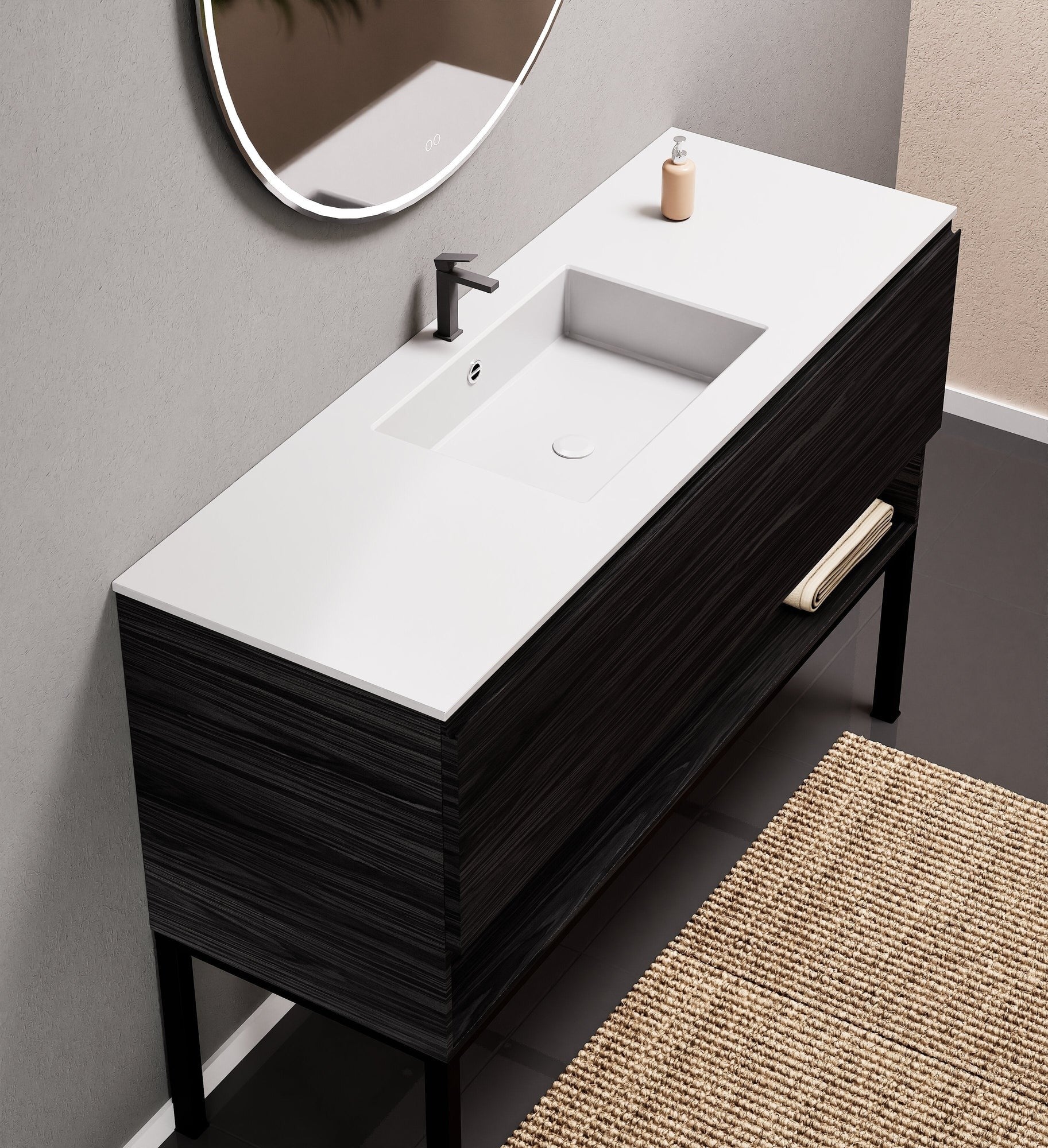 Aurora Single Set with Supporting Legs – Corian Basin & Countertop with 1 Drawer Vanity & Bottom Shelf - ROVALUX