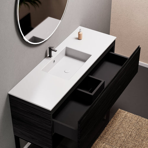 Aurora Single Set with Supporting Legs – Corian Basin & Countertop with 1 Drawer Vanity & Bottom Shelf - ROVALUX