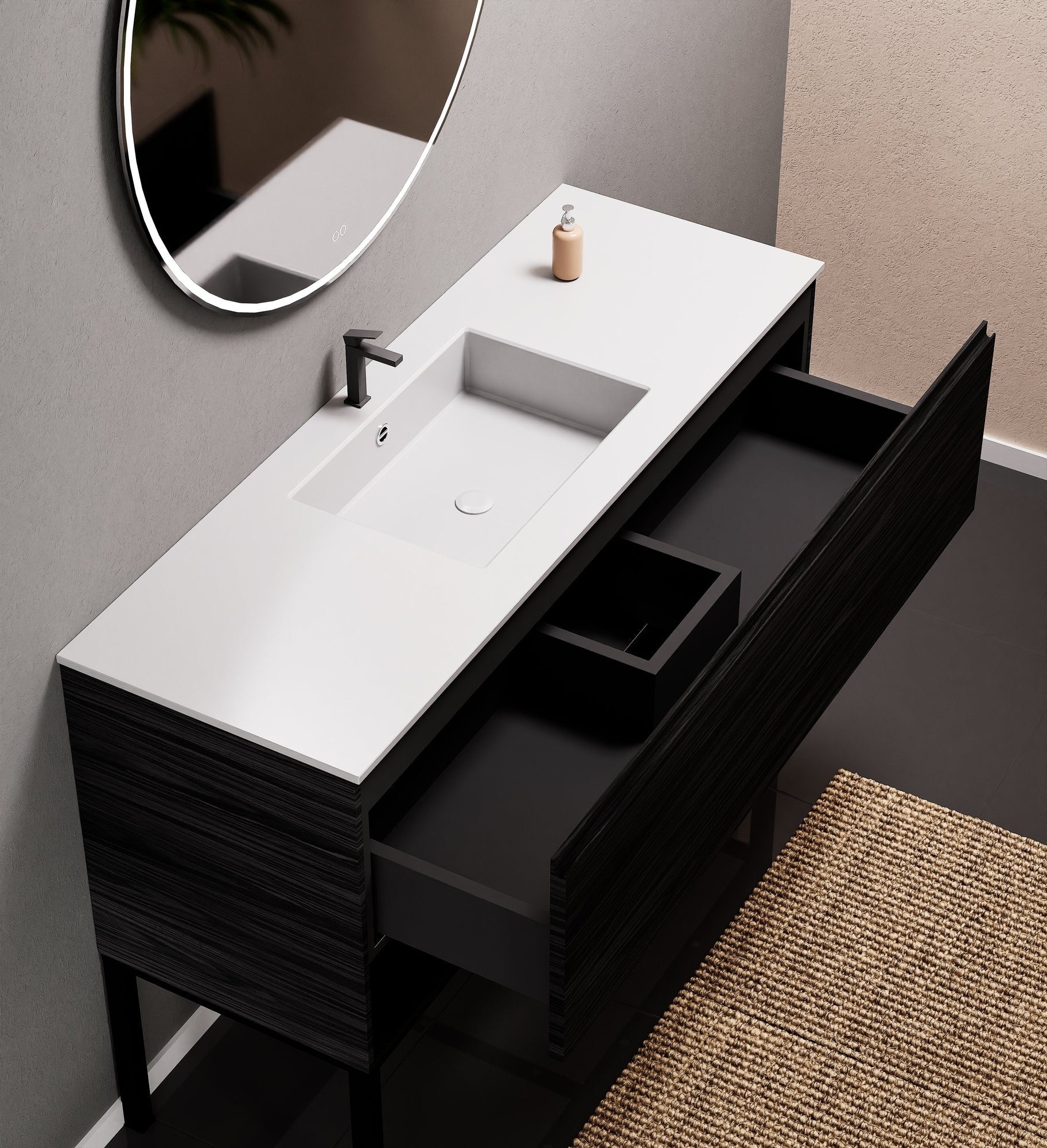 Aurora Single Set with Supporting Legs – Corian Basin & Countertop with 1 Drawer Vanity & Bottom Shelf - ROVALUX