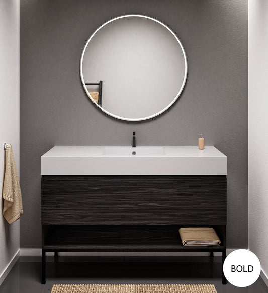 Aurora Single Set with Supporting Legs – Corian Basin & Countertop with 1 Drawer Vanity & Bottom Shelf - ROVALUX