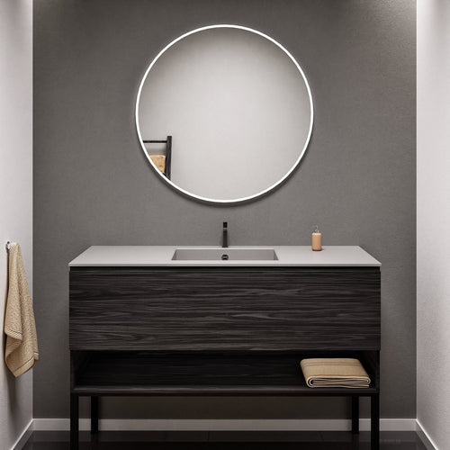 Aurora Single Set with Supporting Legs – Corian Basin & Countertop with 1 Drawer Vanity & Bottom Shelf - ROVALUX