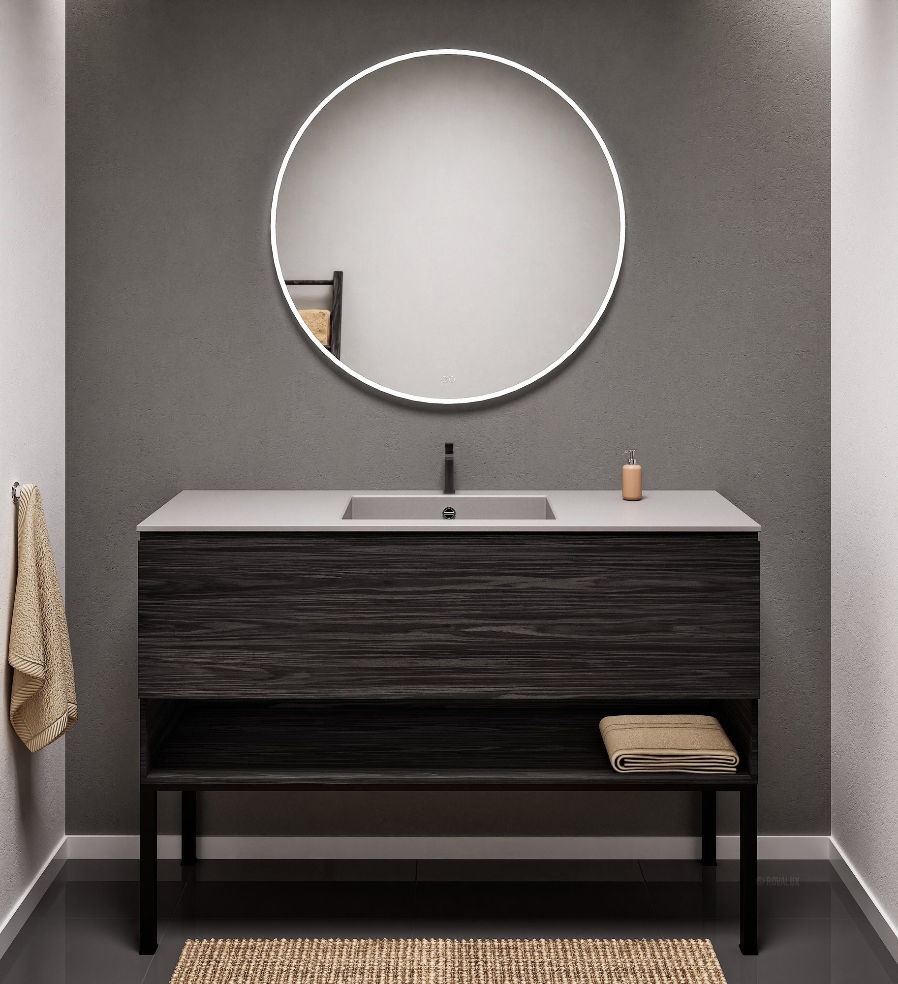 Aurora Single Set with Supporting Legs – Corian Basin & Countertop with 1 Drawer Vanity & Bottom Shelf - ROVALUX