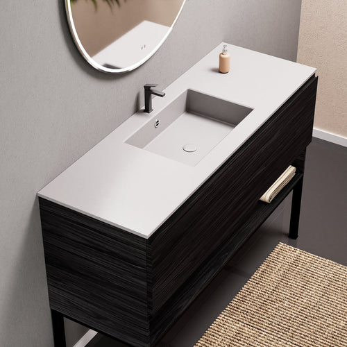 Aurora Single Set with Supporting Legs – Corian Basin & Countertop with 1 Drawer Vanity & Bottom Shelf - ROVALUX