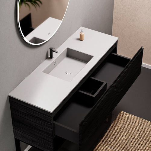 Aurora Single Set with Supporting Legs – Corian Basin & Countertop with 1 Drawer Vanity & Bottom Shelf - ROVALUX