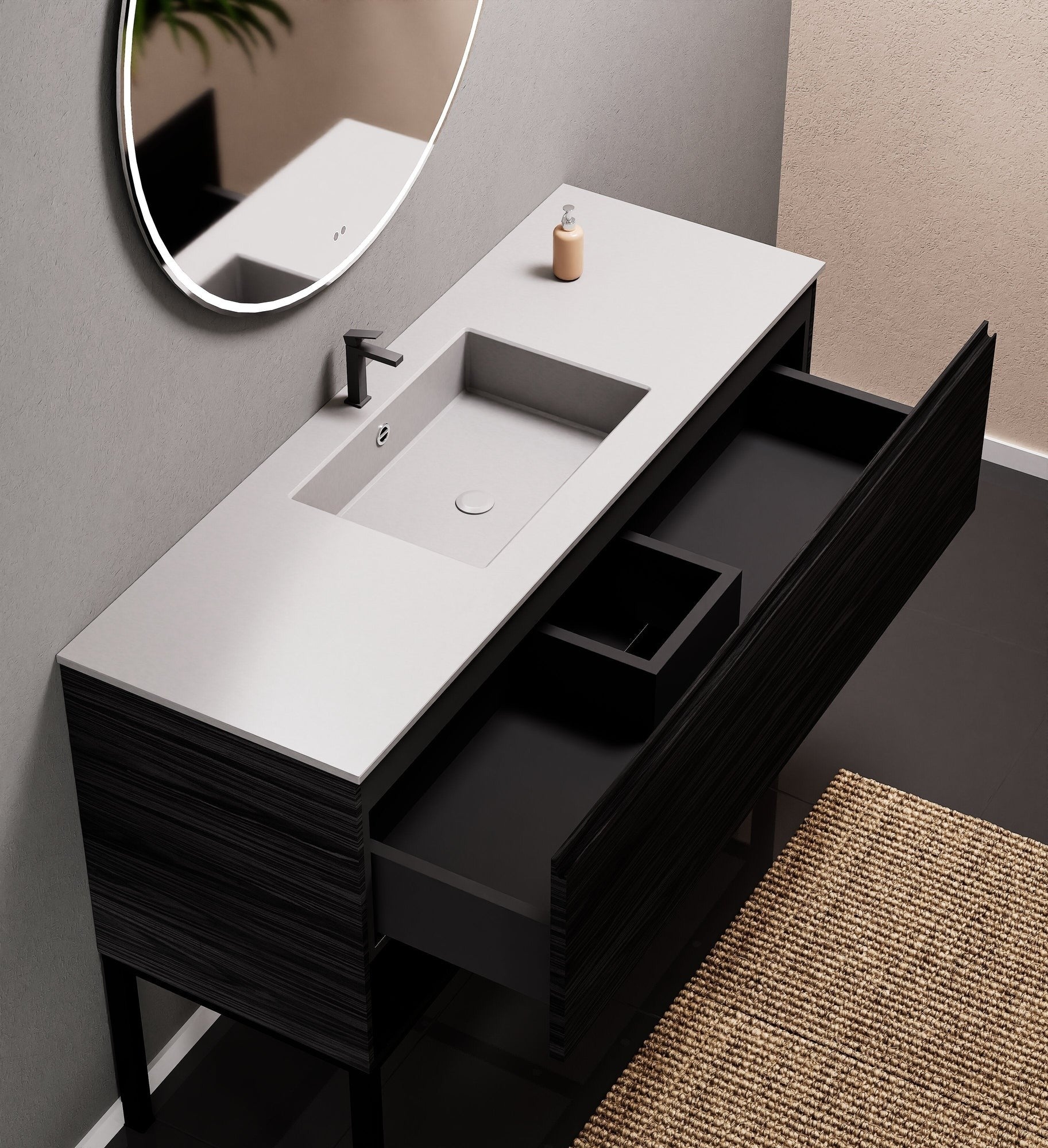 Aurora Single Set with Supporting Legs – Corian Basin & Countertop with 1 Drawer Vanity & Bottom Shelf - ROVALUX