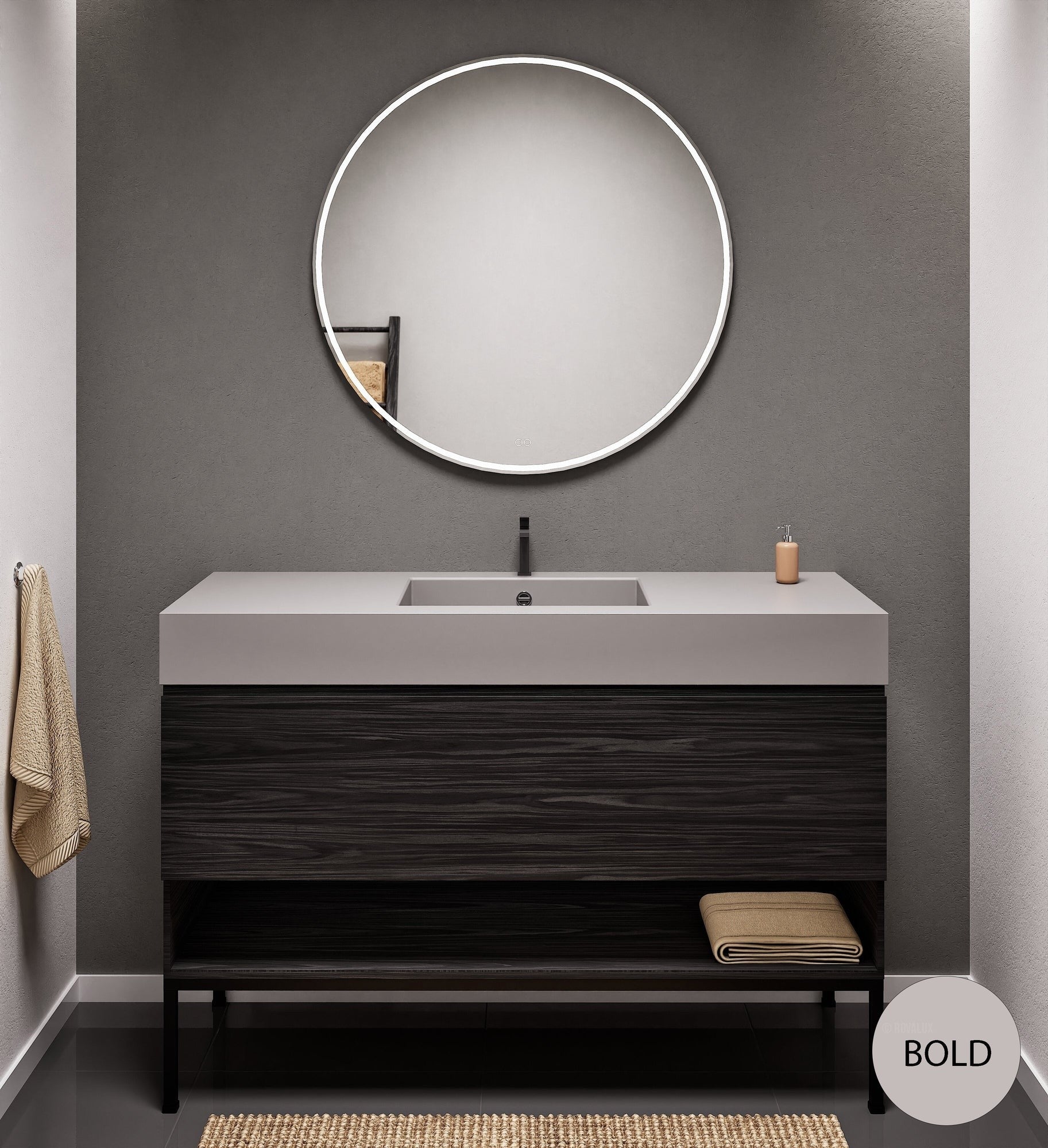 Aurora Single Set with Supporting Legs – Corian Basin & Countertop with 1 Drawer Vanity & Bottom Shelf - ROVALUX