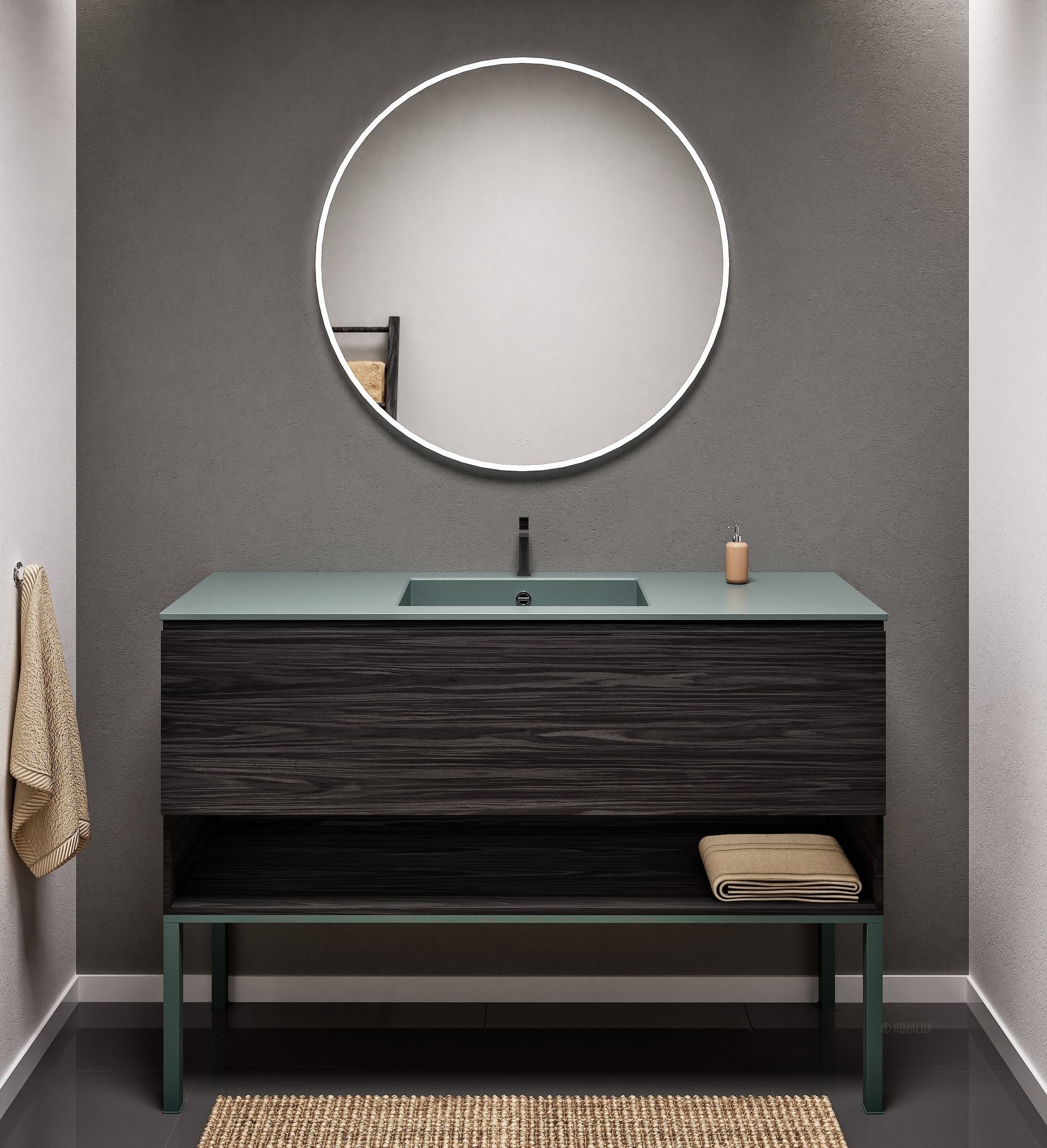 Aurora Single Set with Supporting Legs – Corian Basin & Countertop with 1 Drawer Vanity & Bottom Shelf - ROVALUX