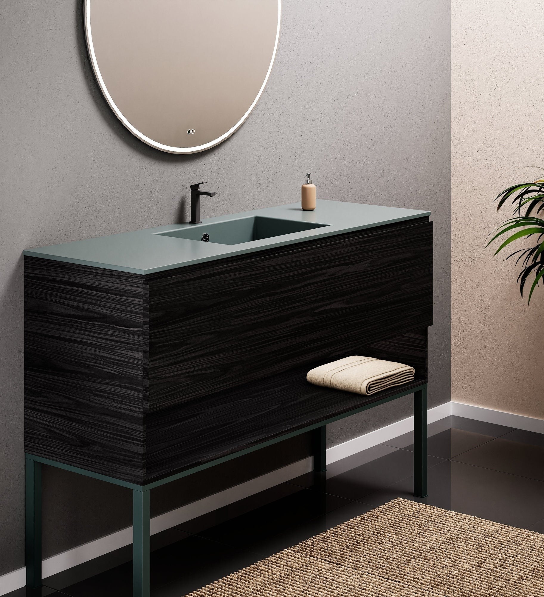 Aurora Single Set with Supporting Legs – Corian Basin & Countertop with 1 Drawer Vanity & Bottom Shelf - ROVALUX