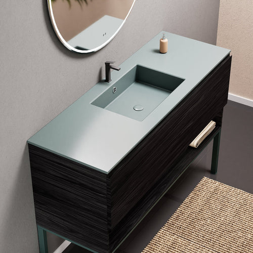 Aurora Single Set with Supporting Legs – Corian Basin & Countertop with 1 Drawer Vanity & Bottom Shelf - ROVALUX