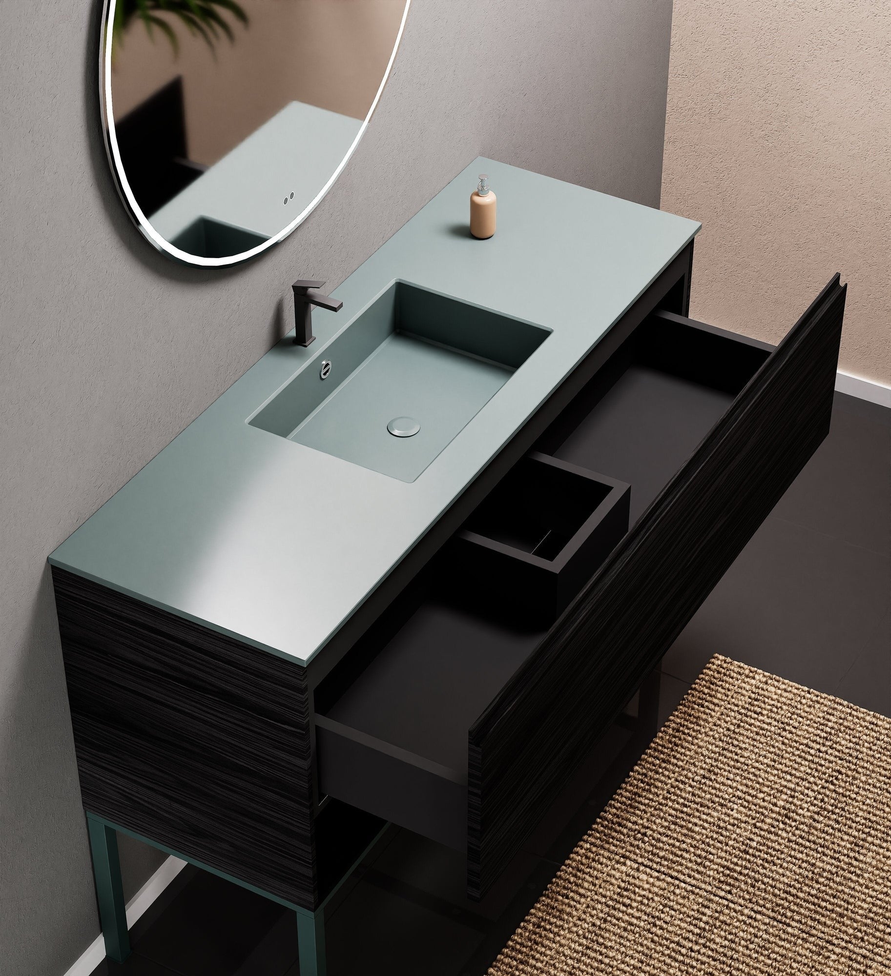 Aurora Single Set with Supporting Legs – Corian Basin & Countertop with 1 Drawer Vanity & Bottom Shelf - ROVALUX