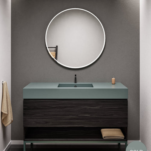 Aurora Single Set with Supporting Legs – Corian Basin & Countertop with 1 Drawer Vanity & Bottom Shelf - ROVALUX