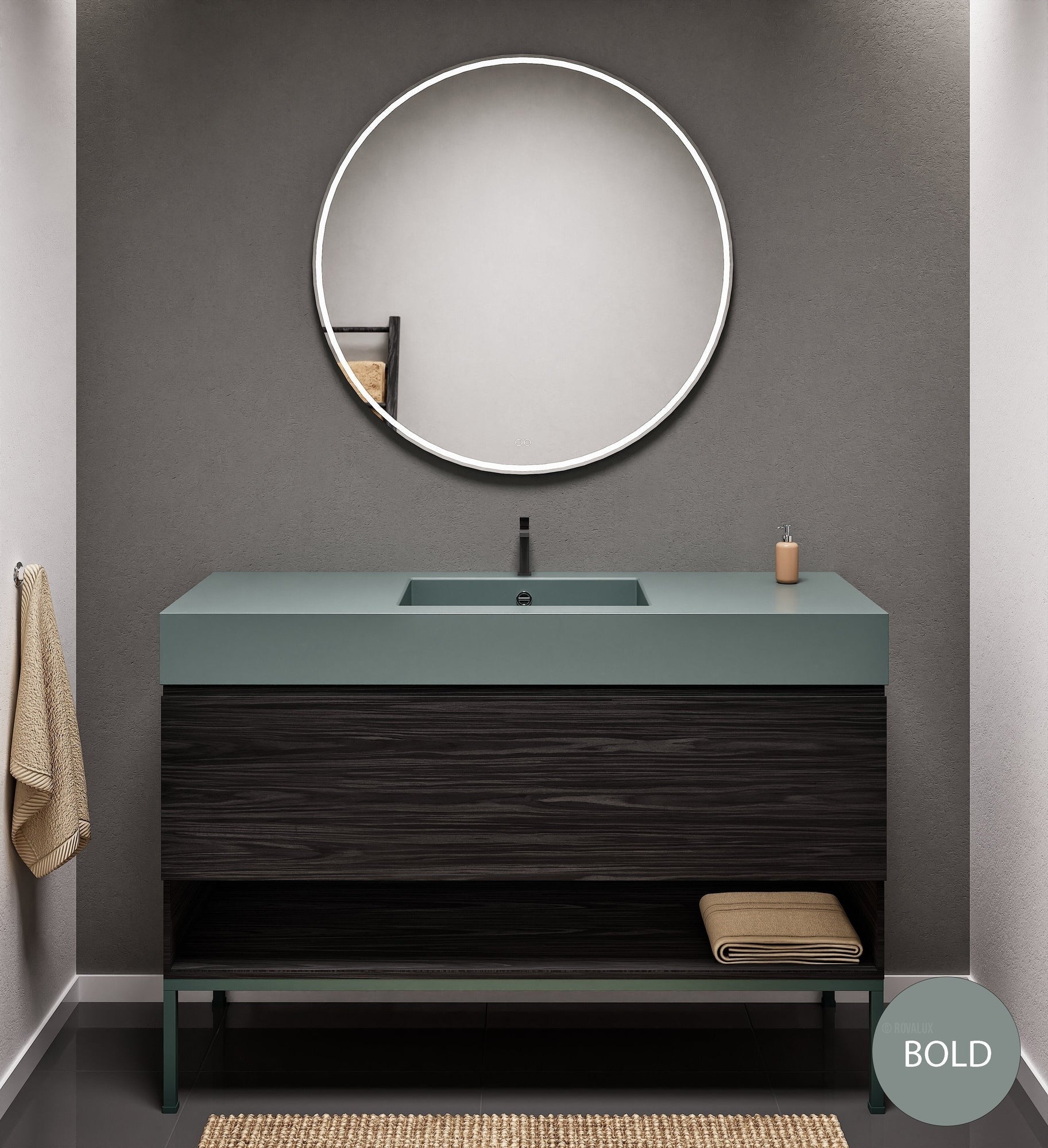 Aurora Single Set with Supporting Legs – Corian Basin & Countertop with 1 Drawer Vanity & Bottom Shelf - ROVALUX