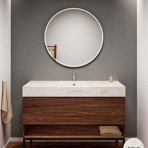 Aurora Single Set with Supporting Legs – Corian Basin & Countertop with 1 Drawer Vanity & Bottom Shelf - ROVALUX