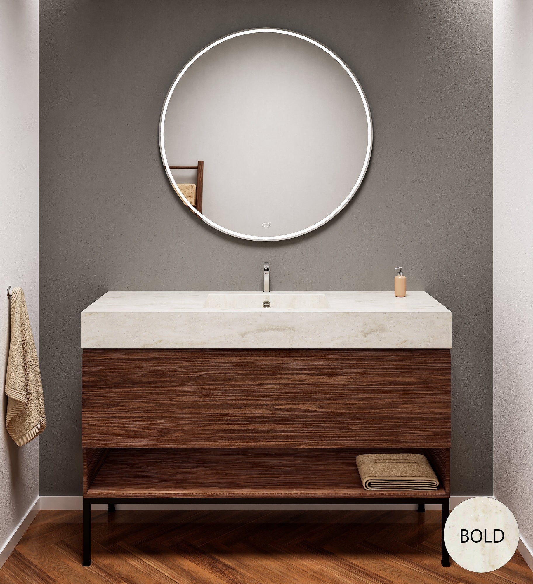 Aurora Single Set with Supporting Legs – Corian Basin & Countertop with 1 Drawer Vanity & Bottom Shelf - ROVALUX