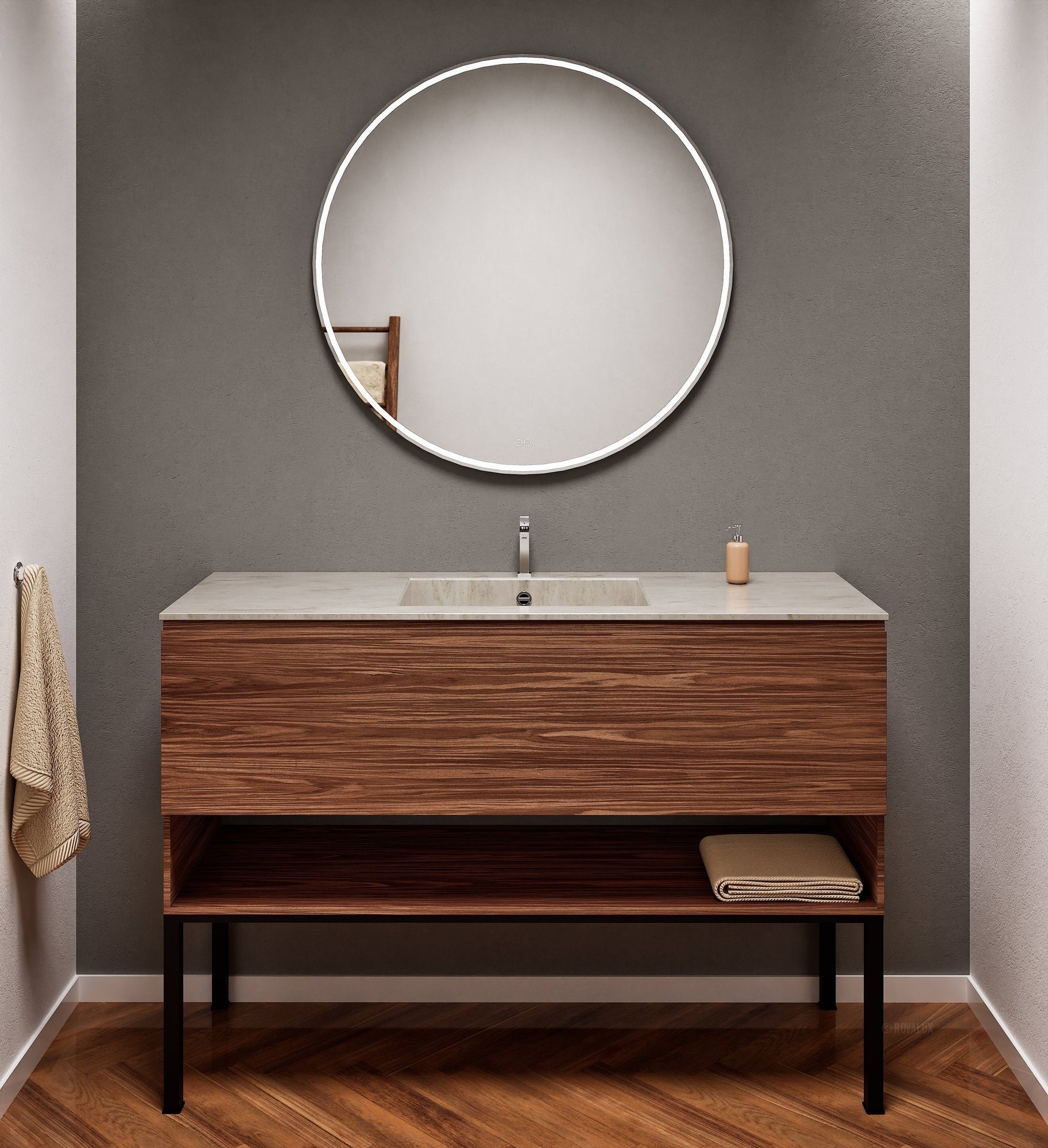 Aurora Single Set with Supporting Legs – Corian Basin & Countertop with 1 Drawer Vanity & Bottom Shelf - ROVALUX
