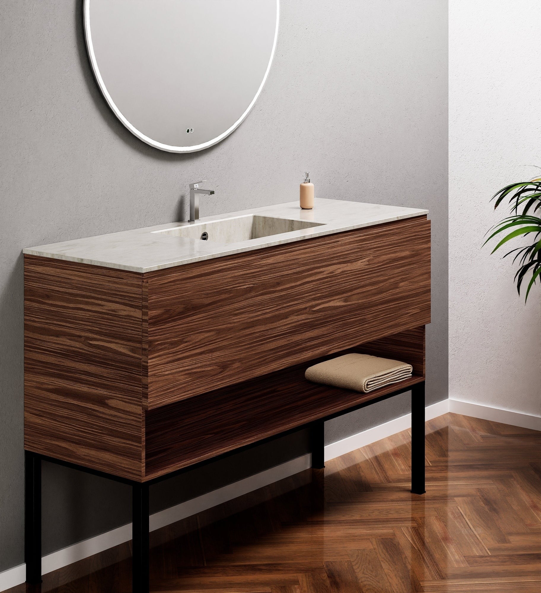 Aurora Single Set with Supporting Legs – Corian Basin & Countertop with 1 Drawer Vanity & Bottom Shelf - ROVALUX