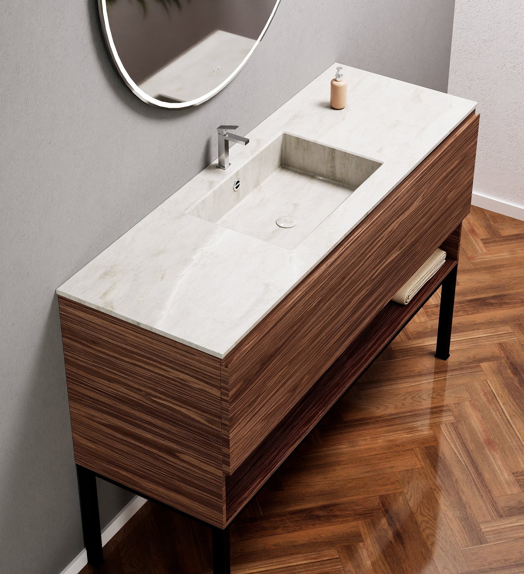 Aurora Single Set with Supporting Legs – Corian Basin & Countertop with 1 Drawer Vanity & Bottom Shelf - ROVALUX