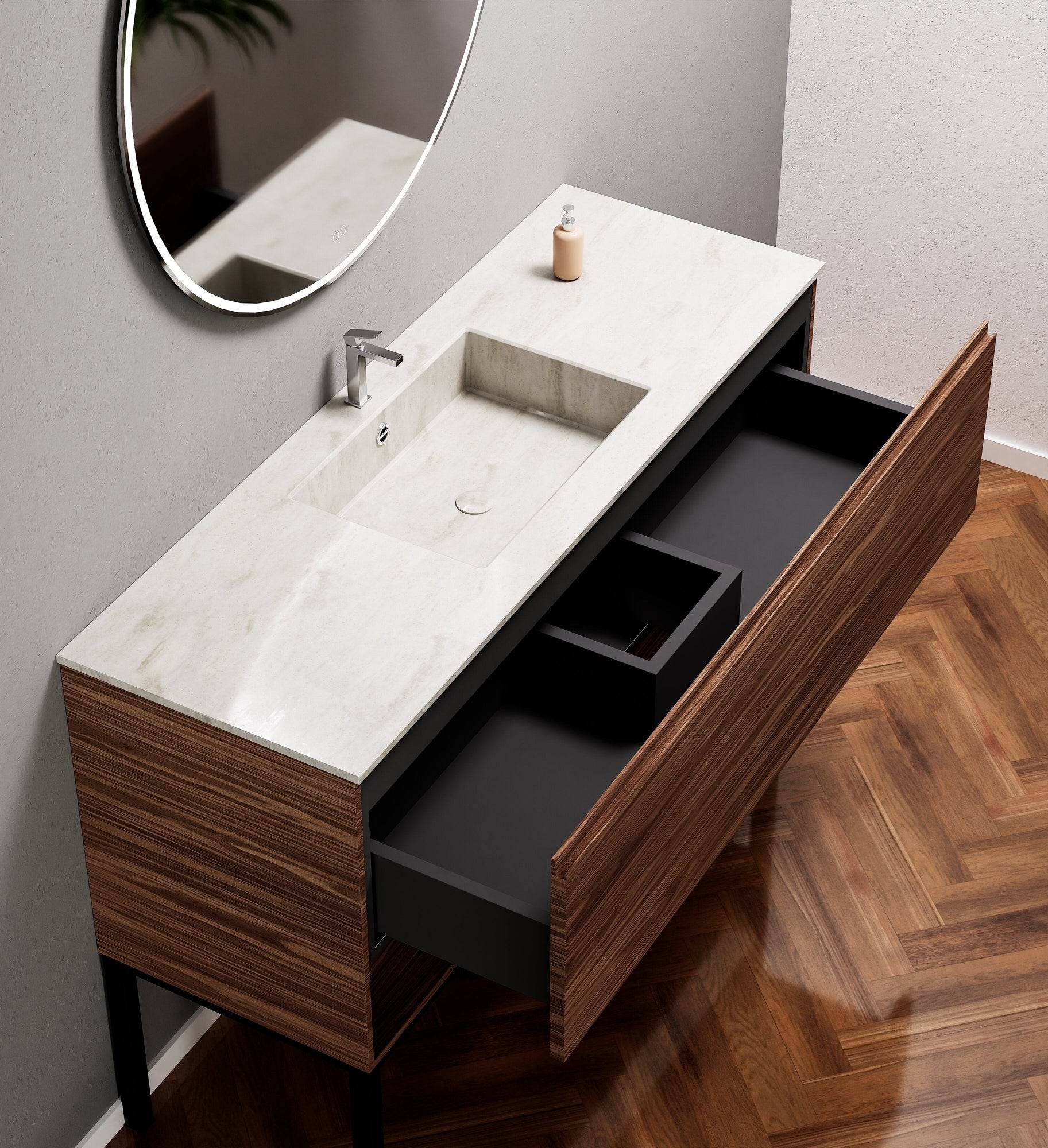 Aurora Single Set with Supporting Legs – Corian Basin & Countertop with 1 Drawer Vanity & Bottom Shelf - ROVALUX