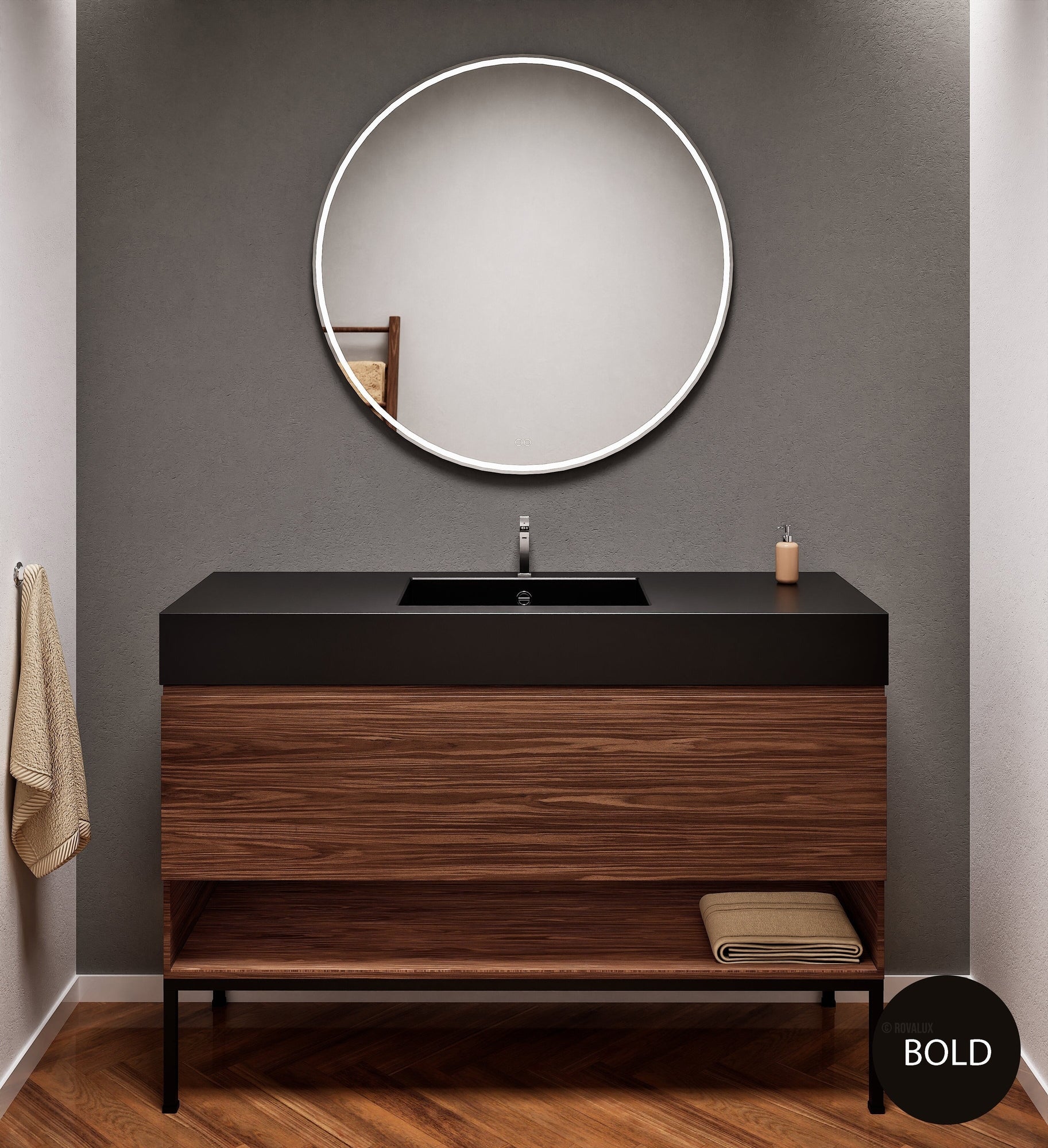 Aurora Single Set with Supporting Legs – Corian Basin & Countertop with 1 Drawer Vanity & Bottom Shelf - ROVALUX