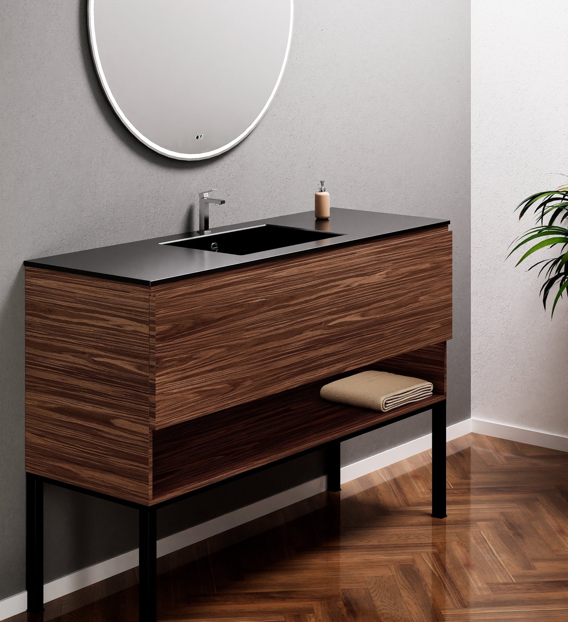 Aurora Single Set with Supporting Legs – Corian Basin & Countertop with 1 Drawer Vanity & Bottom Shelf - ROVALUX