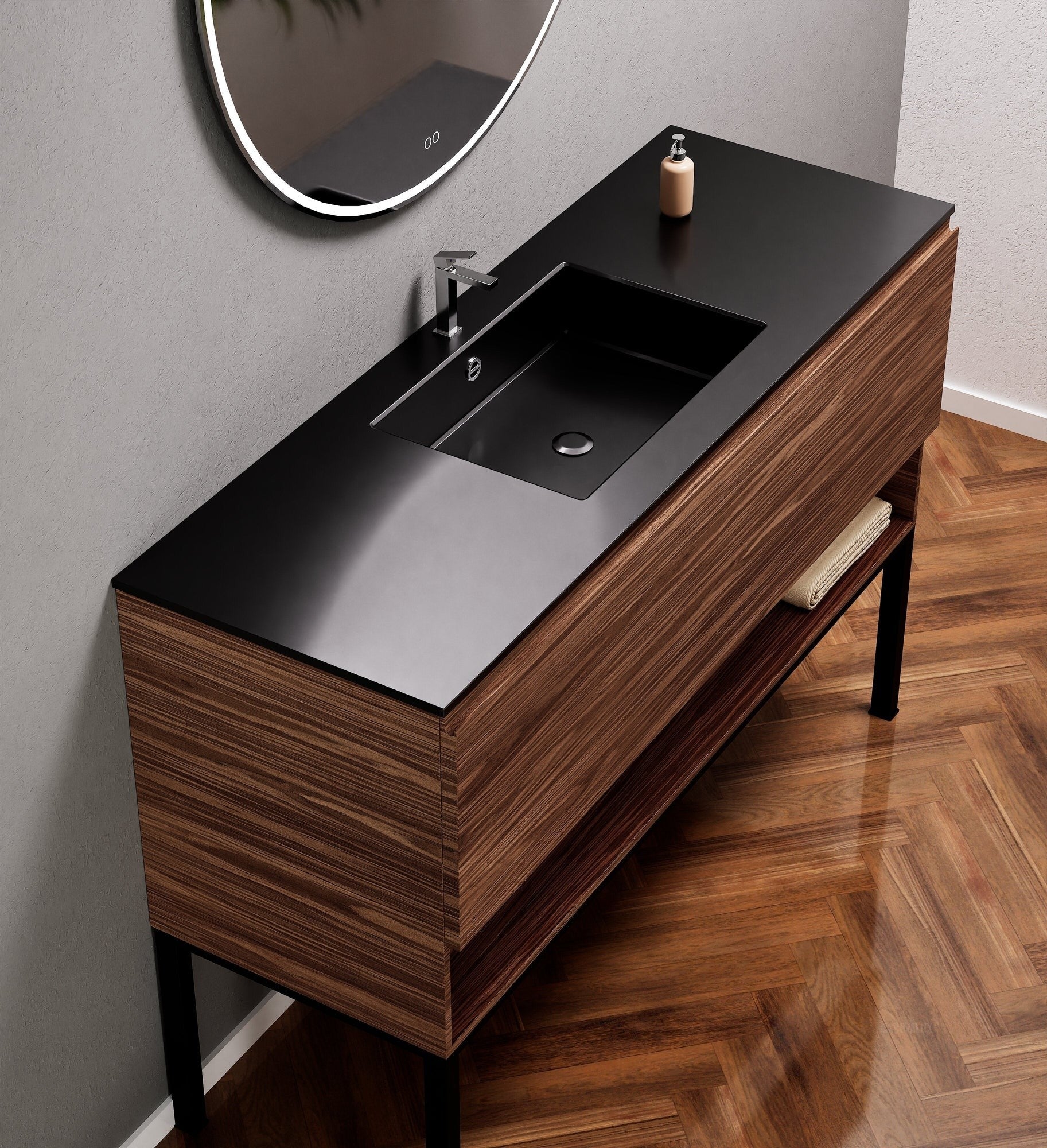 Aurora Single Set with Supporting Legs – Corian Basin & Countertop with 1 Drawer Vanity & Bottom Shelf - ROVALUX