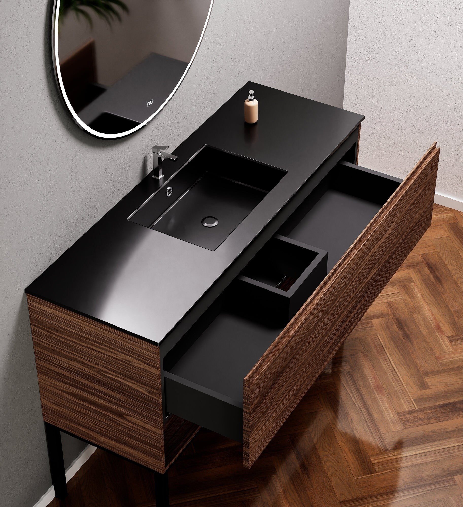 Aurora Single Set with Supporting Legs – Corian Basin & Countertop with 1 Drawer Vanity & Bottom Shelf - ROVALUX