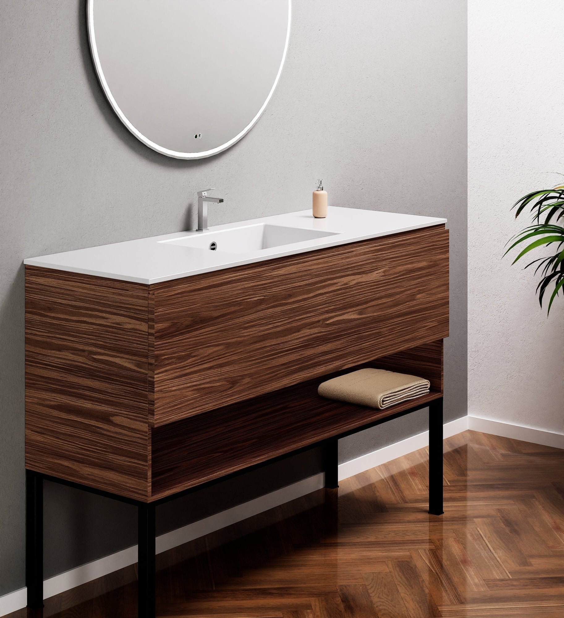 Aurora Single Set with Supporting Legs – Corian Basin & Countertop with 1 Drawer Vanity & Bottom Shelf - ROVALUX