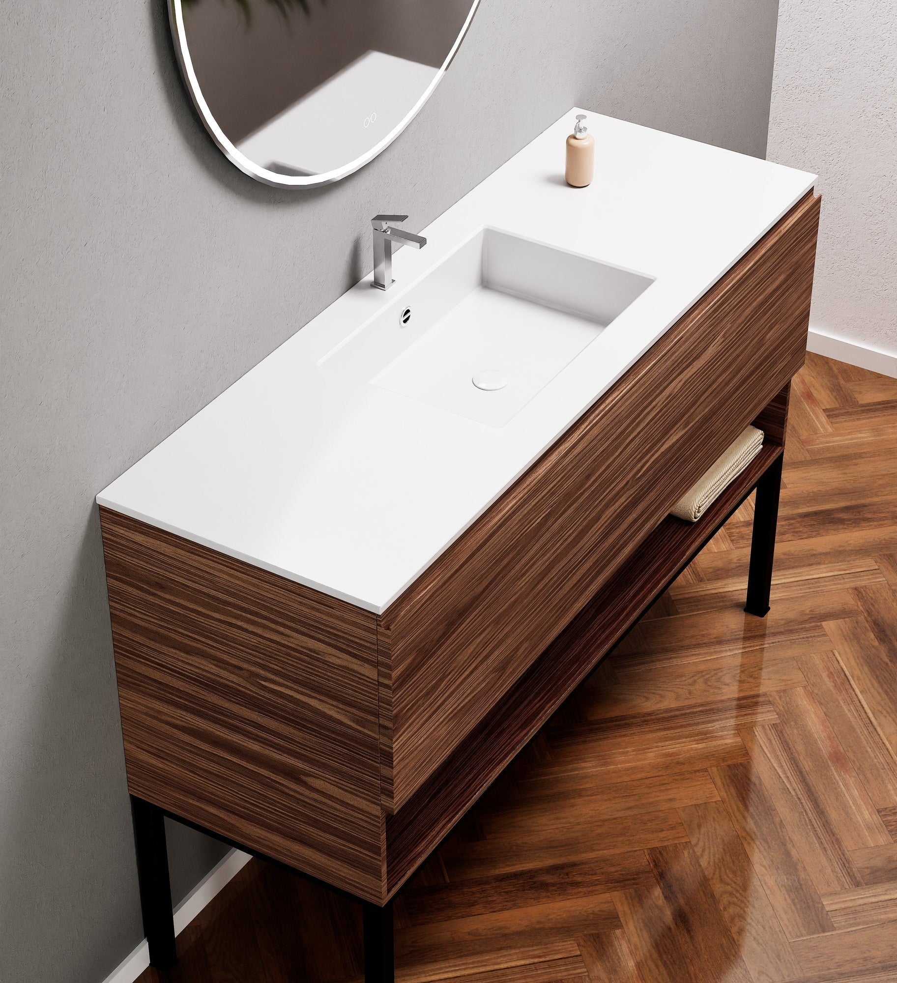 Aurora Single Set with Supporting Legs – Corian Basin & Countertop with 1 Drawer Vanity & Bottom Shelf - ROVALUX