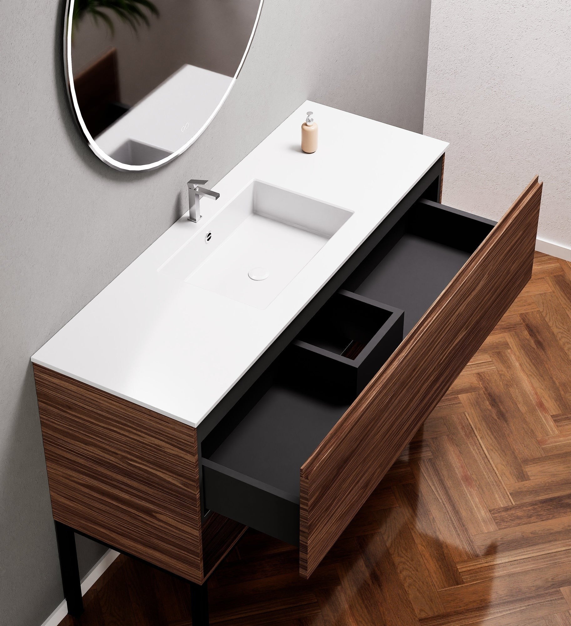 Aurora Single Set with Supporting Legs – Corian Basin & Countertop with 1 Drawer Vanity & Bottom Shelf - ROVALUX