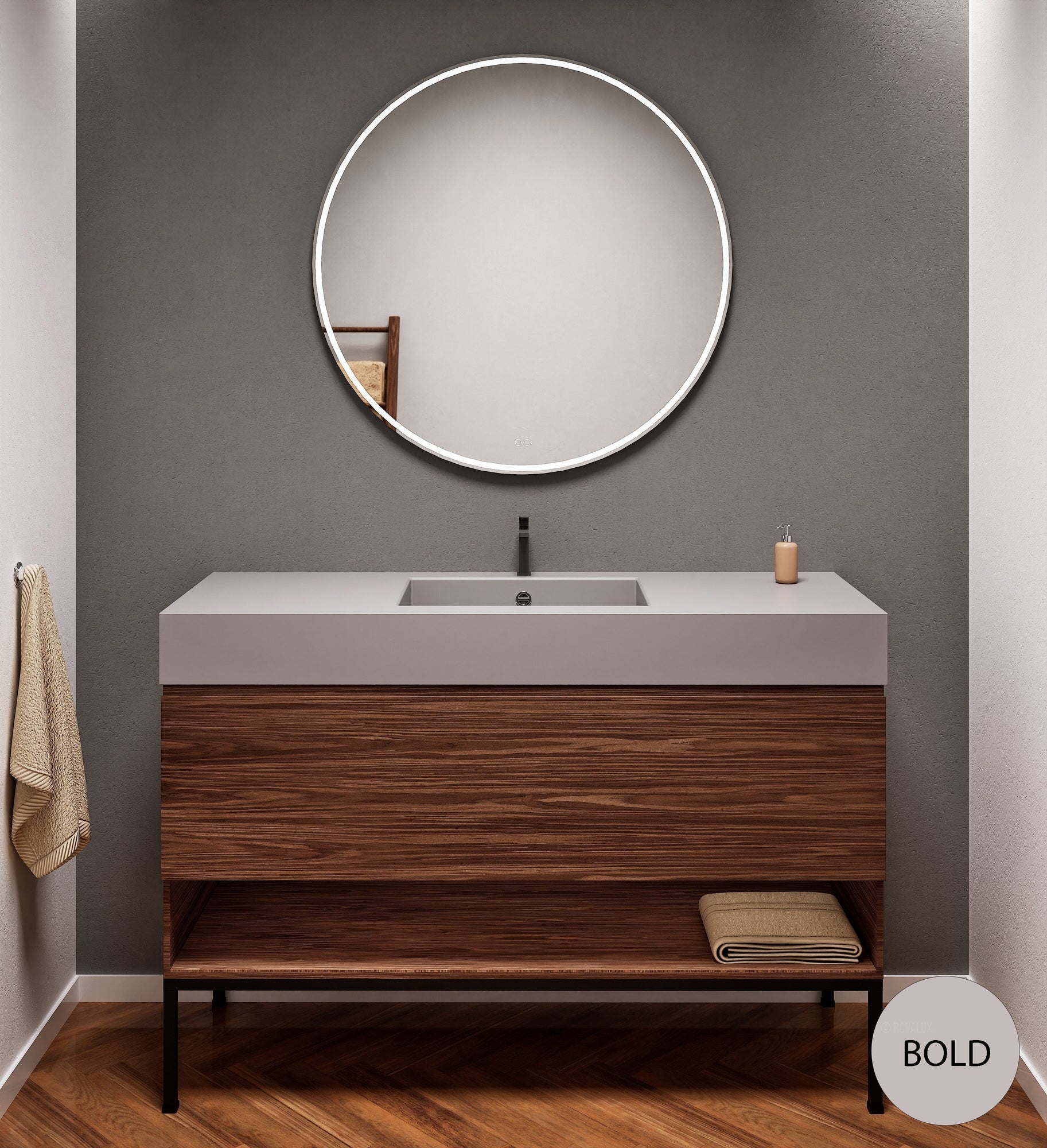 Aurora Single Set with Supporting Legs – Corian Basin & Countertop with 1 Drawer Vanity & Bottom Shelf - ROVALUX
