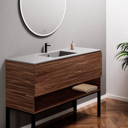 Aurora Single Set with Supporting Legs – Corian Basin & Countertop with 1 Drawer Vanity & Bottom Shelf - ROVALUX
