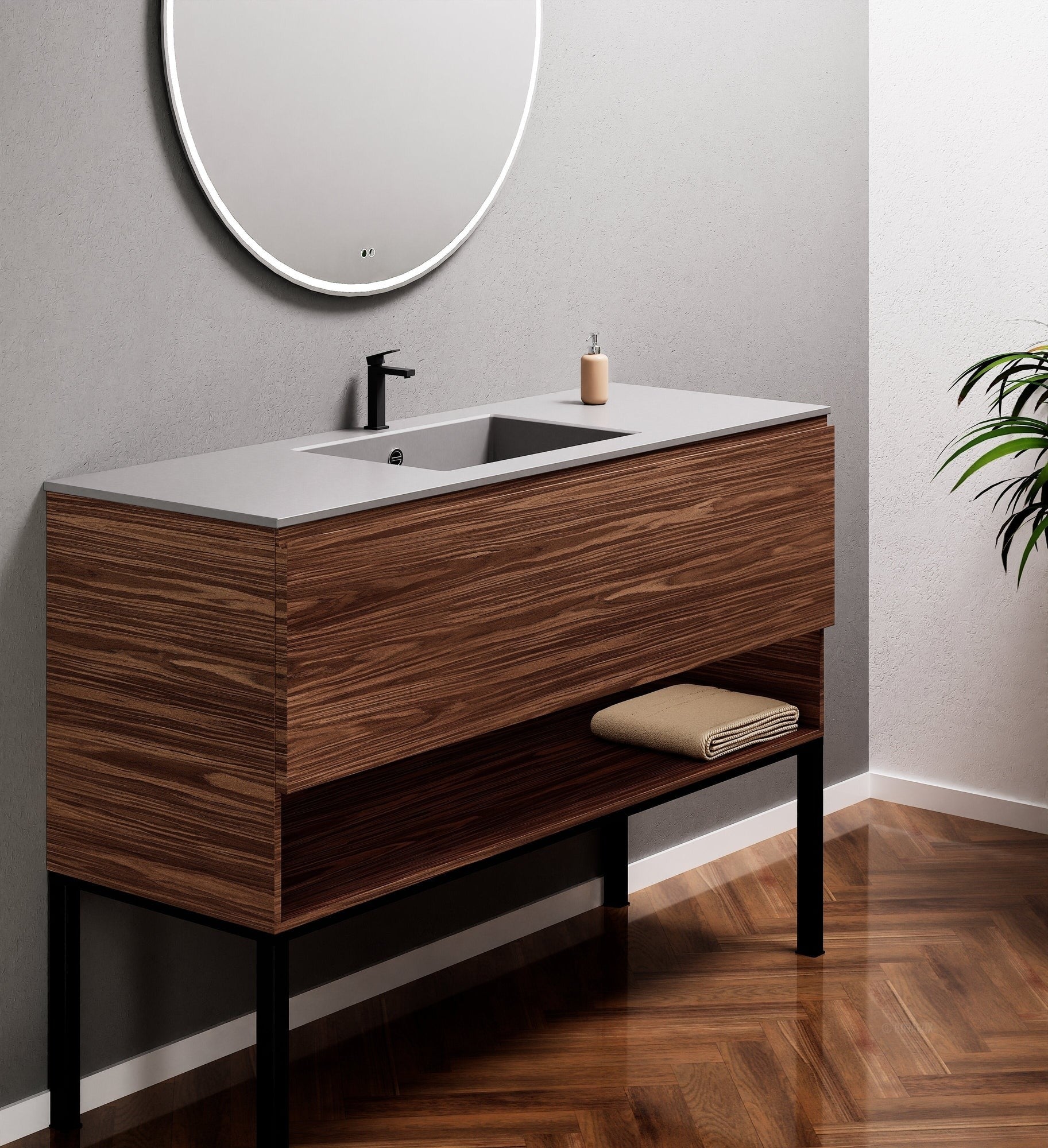 Aurora Single Set with Supporting Legs – Corian Basin & Countertop with 1 Drawer Vanity & Bottom Shelf - ROVALUX