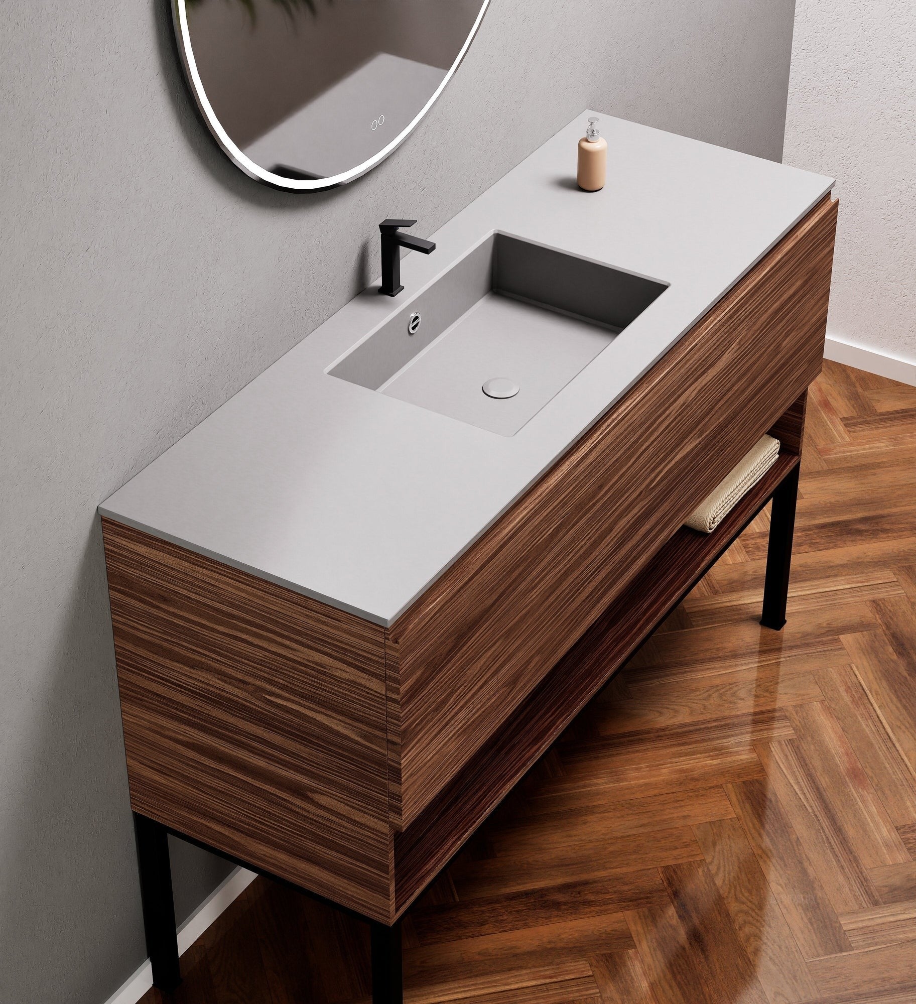 Aurora Single Set with Supporting Legs – Corian Basin & Countertop with 1 Drawer Vanity & Bottom Shelf - ROVALUX