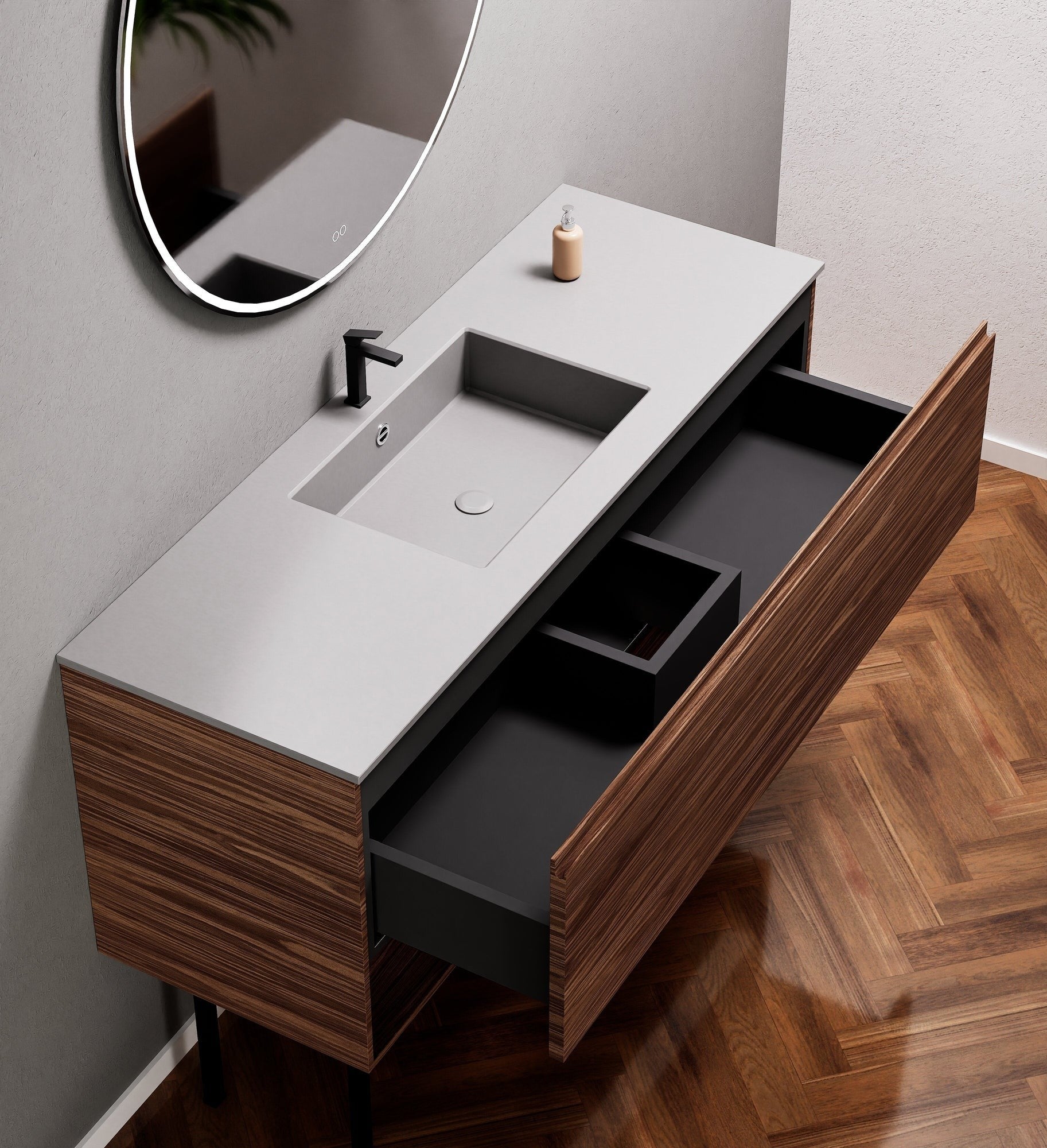Aurora Single Set with Supporting Legs – Corian Basin & Countertop with 1 Drawer Vanity & Bottom Shelf - ROVALUX