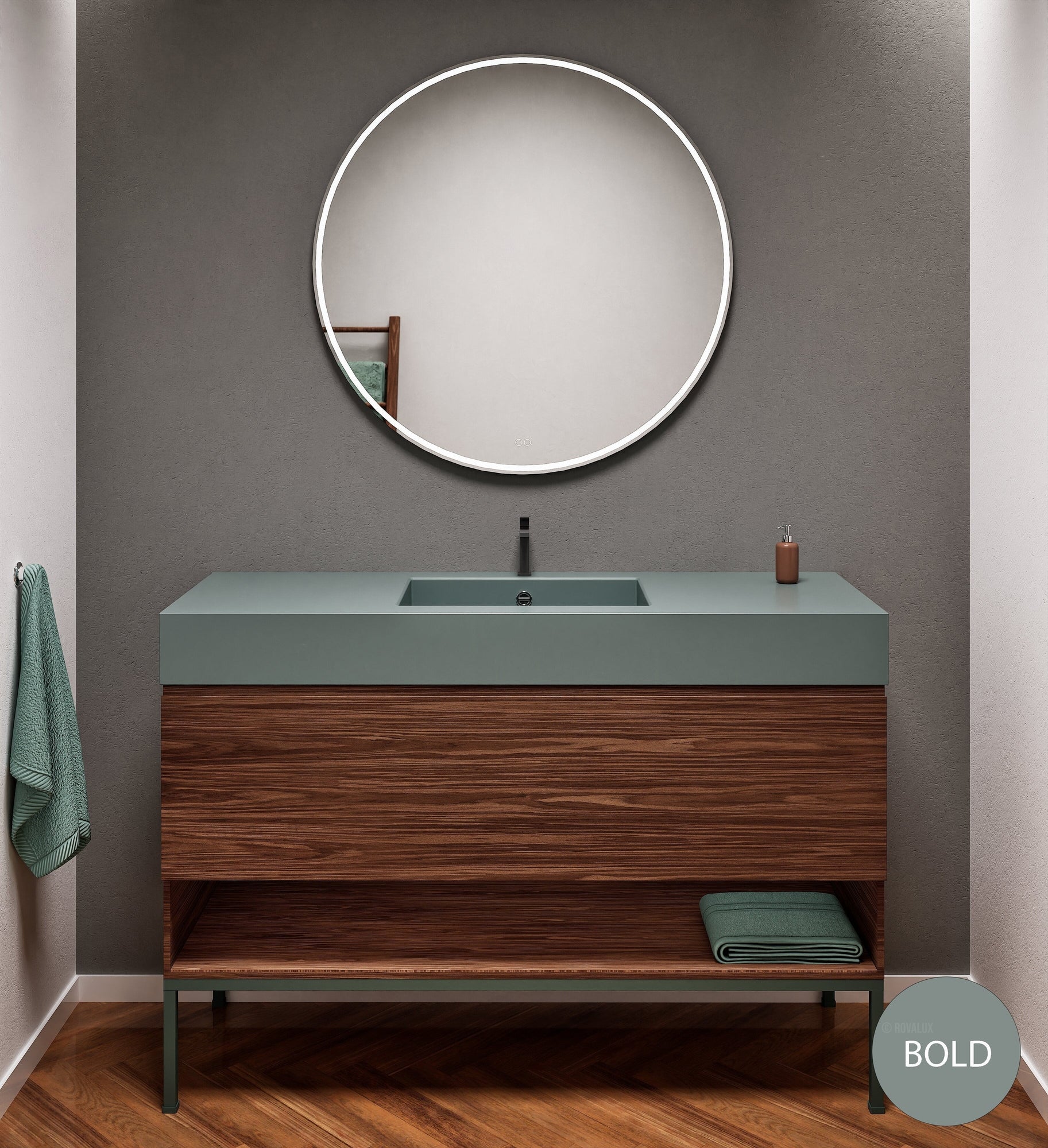 Aurora Single Set with Supporting Legs – Corian Basin & Countertop with 1 Drawer Vanity & Bottom Shelf - ROVALUX