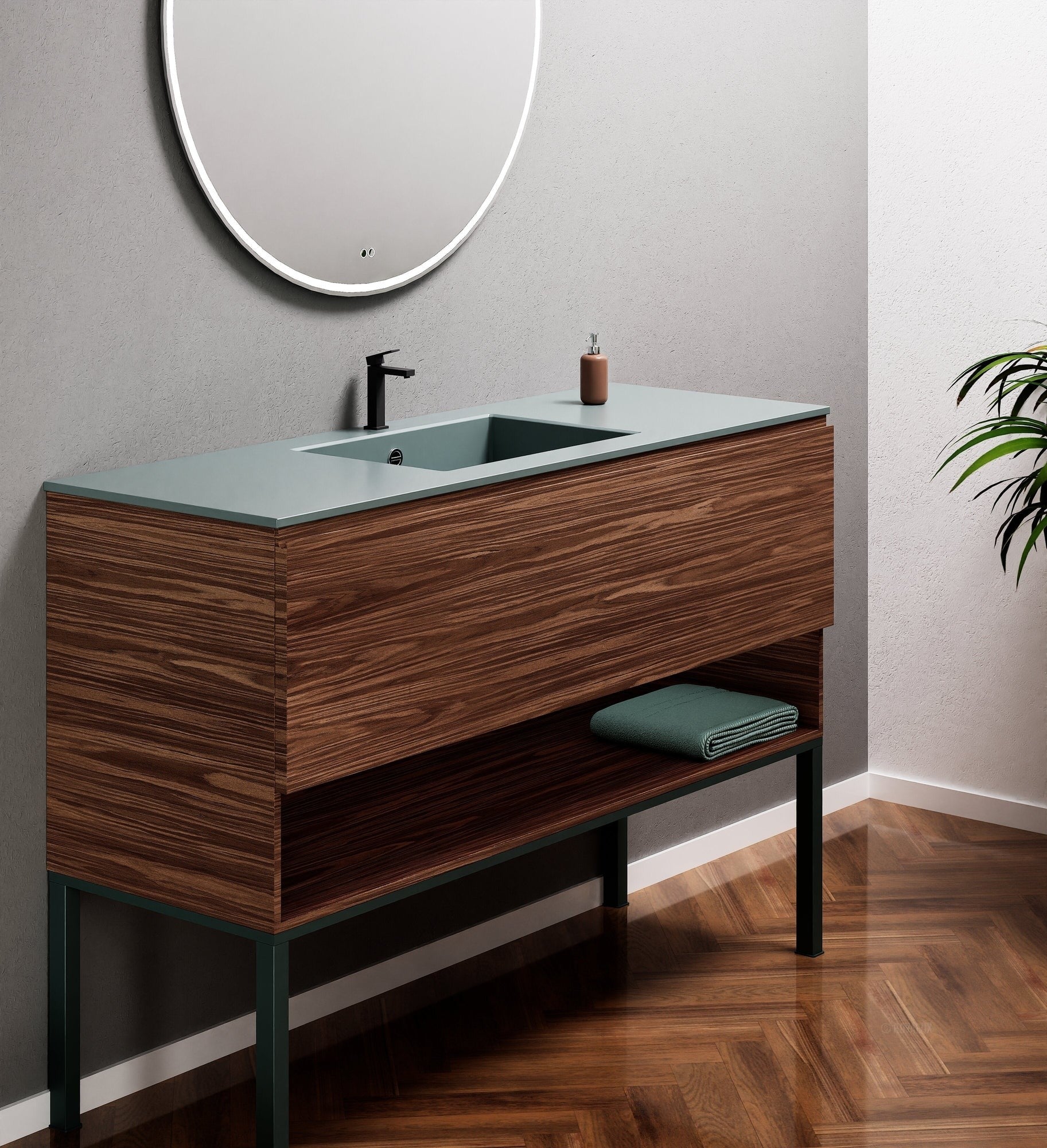 Aurora Single Set with Supporting Legs – Corian Basin & Countertop with 1 Drawer Vanity & Bottom Shelf - ROVALUX