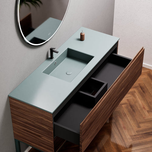 Aurora Single Set with Supporting Legs – Corian Basin & Countertop with 1 Drawer Vanity & Bottom Shelf - ROVALUX