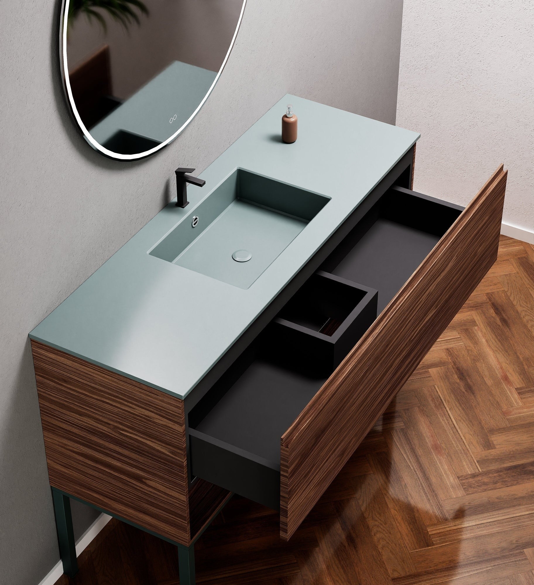 Aurora Single Set with Supporting Legs – Corian Basin & Countertop with 1 Drawer Vanity & Bottom Shelf - ROVALUX