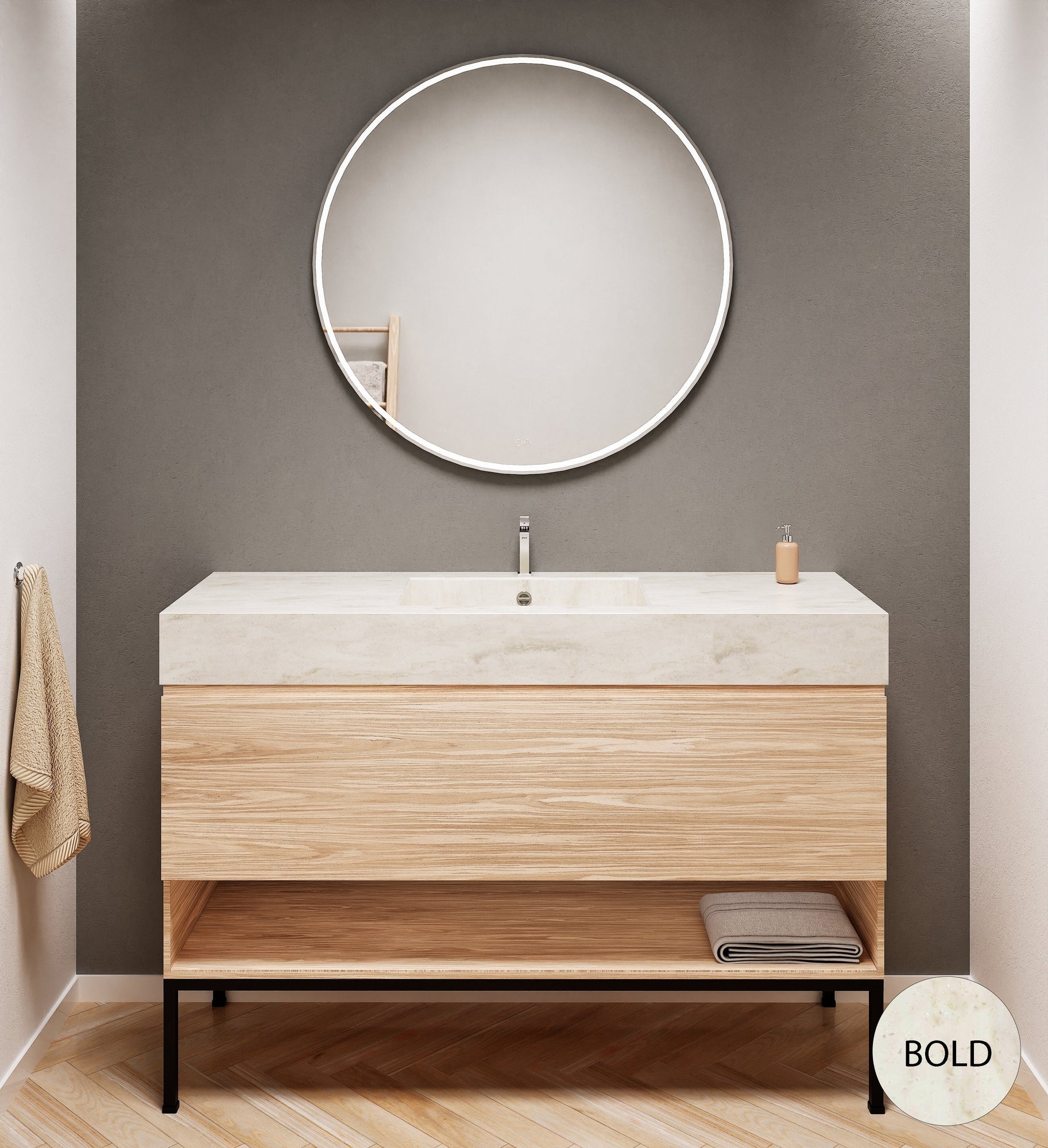 Aurora Single Set with Supporting Legs – Corian Basin & Countertop with 1 Drawer Vanity & Bottom Shelf - ROVALUX