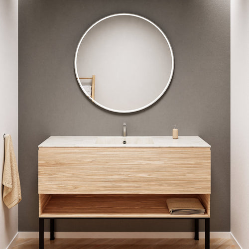 Aurora Single Set with Supporting Legs – Corian Basin & Countertop with 1 Drawer Vanity & Bottom Shelf - ROVALUX