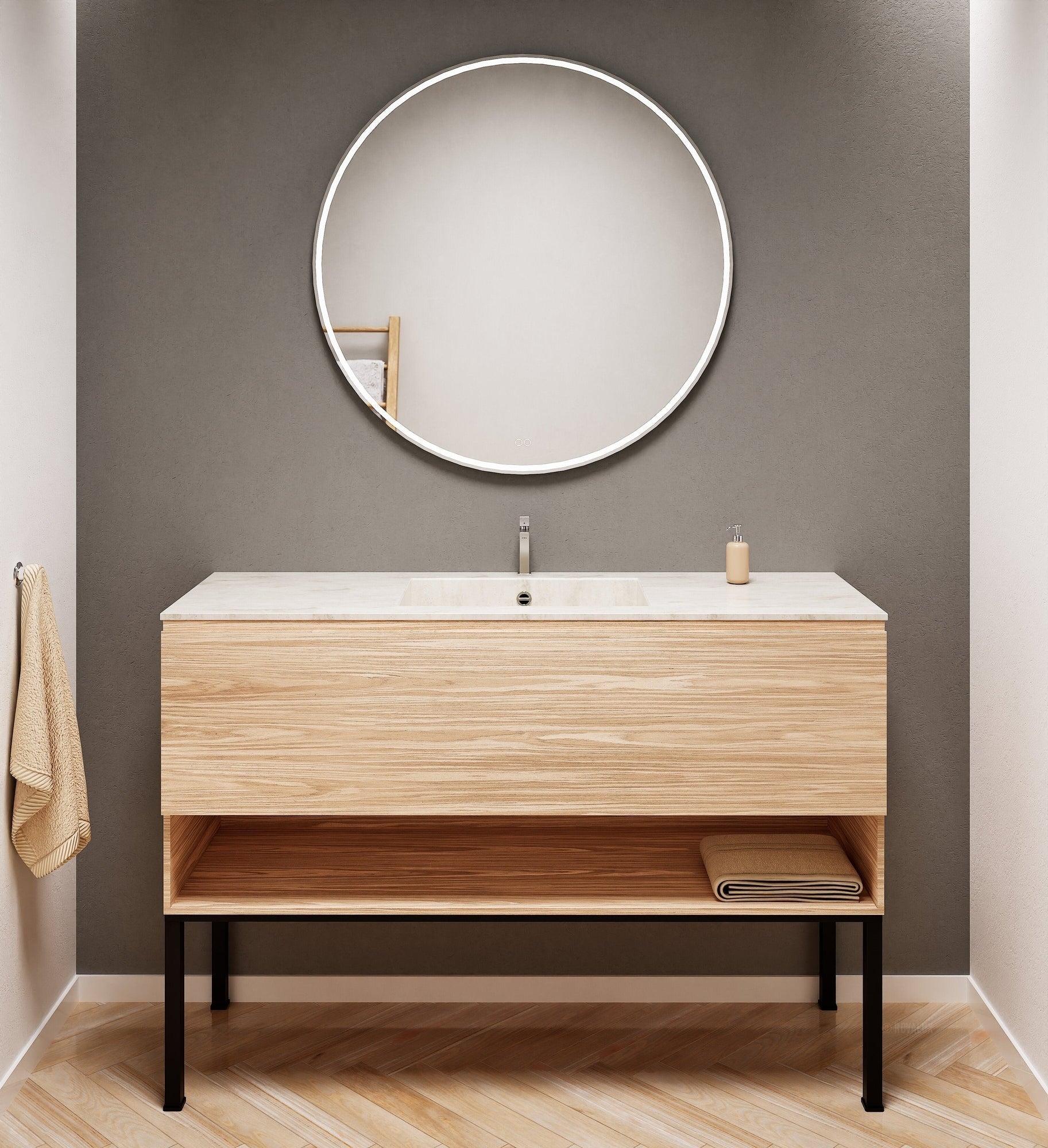 Aurora Single Set with Supporting Legs – Corian Basin & Countertop with 1 Drawer Vanity & Bottom Shelf - ROVALUX