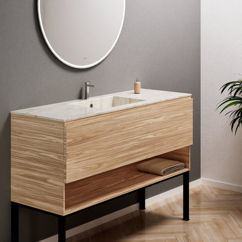 Aurora Single Set with Supporting Legs – Corian Basin & Countertop with 1 Drawer Vanity & Bottom Shelf - ROVALUX