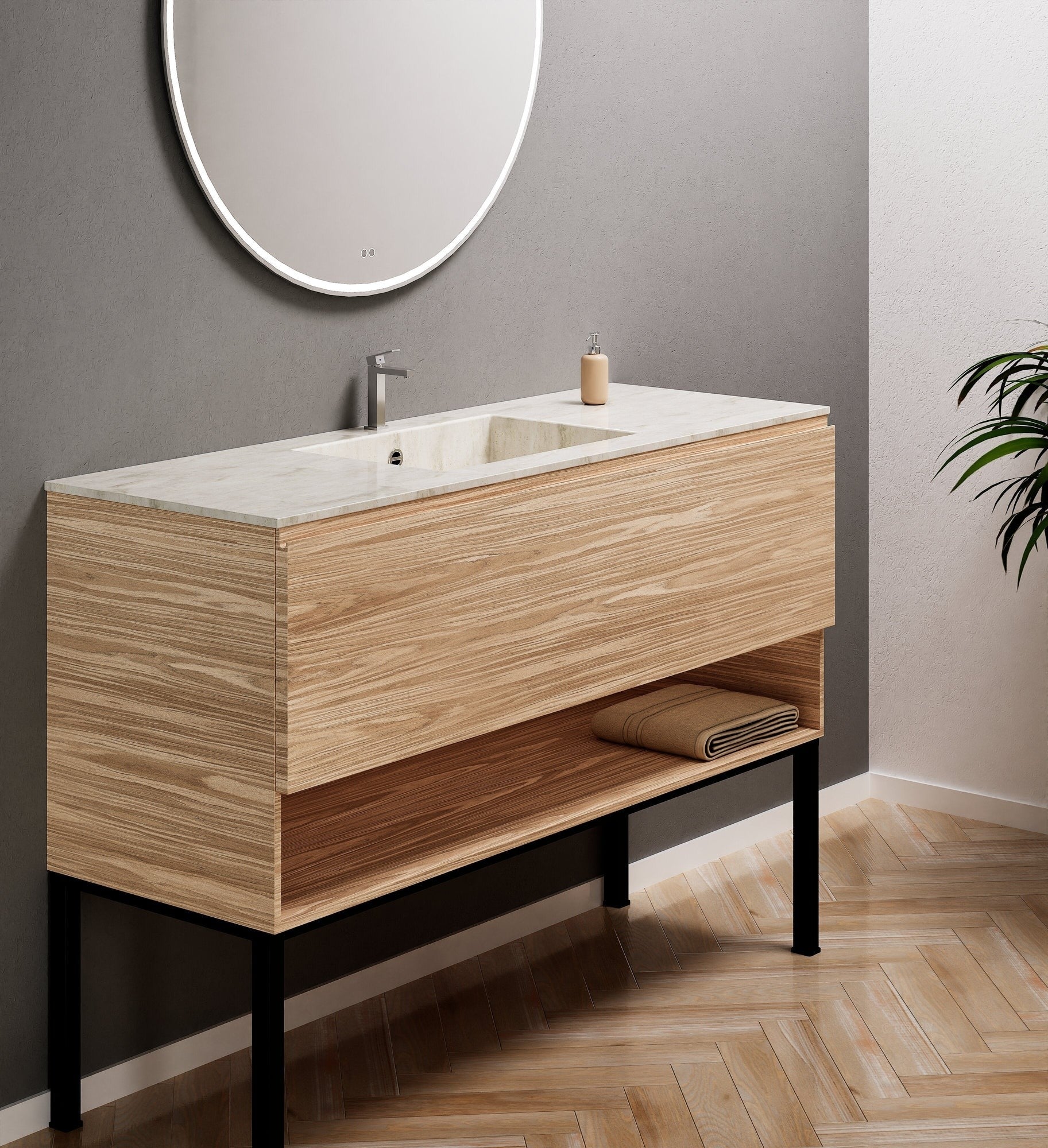 Aurora Single Set with Supporting Legs – Corian Basin & Countertop with 1 Drawer Vanity & Bottom Shelf - ROVALUX