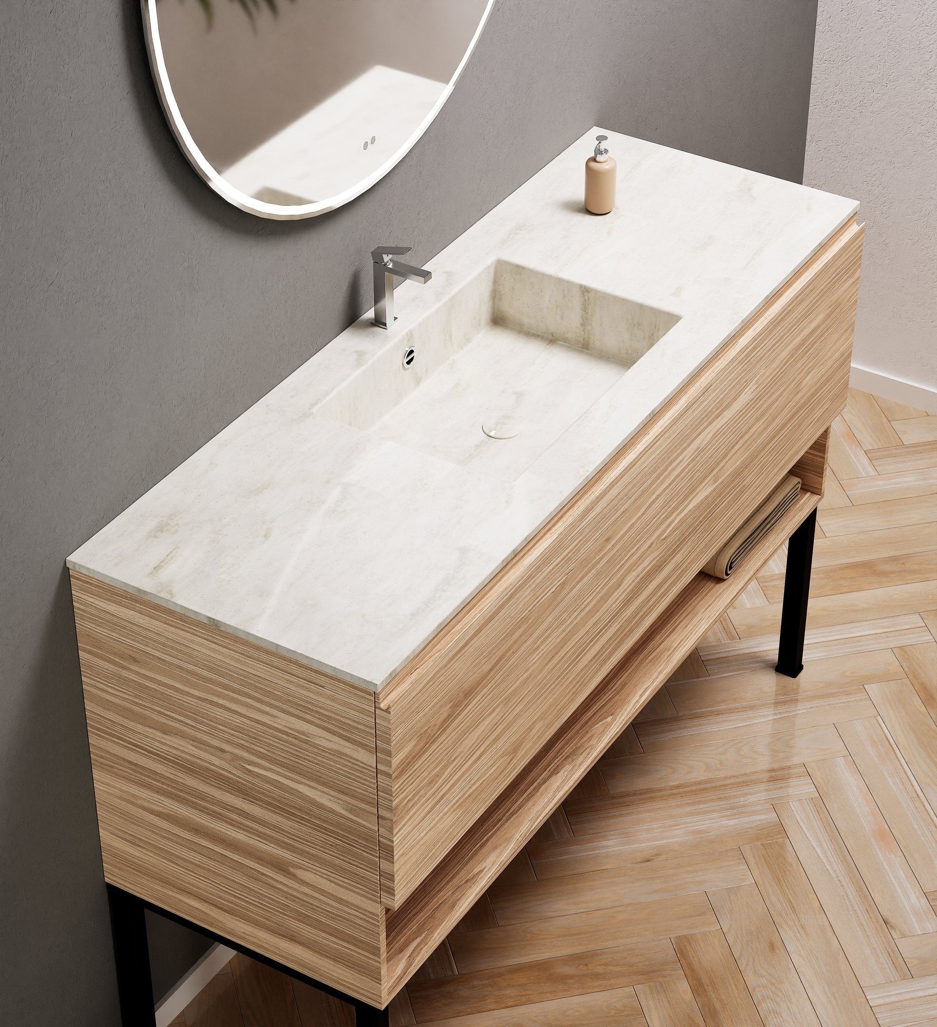 Aurora Single Set with Supporting Legs – Corian Basin & Countertop with 1 Drawer Vanity & Bottom Shelf - ROVALUX
