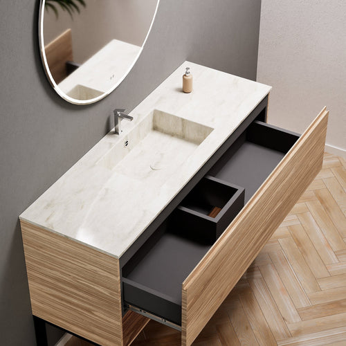Aurora Single Set with Supporting Legs – Corian Basin & Countertop with 1 Drawer Vanity & Bottom Shelf - ROVALUX