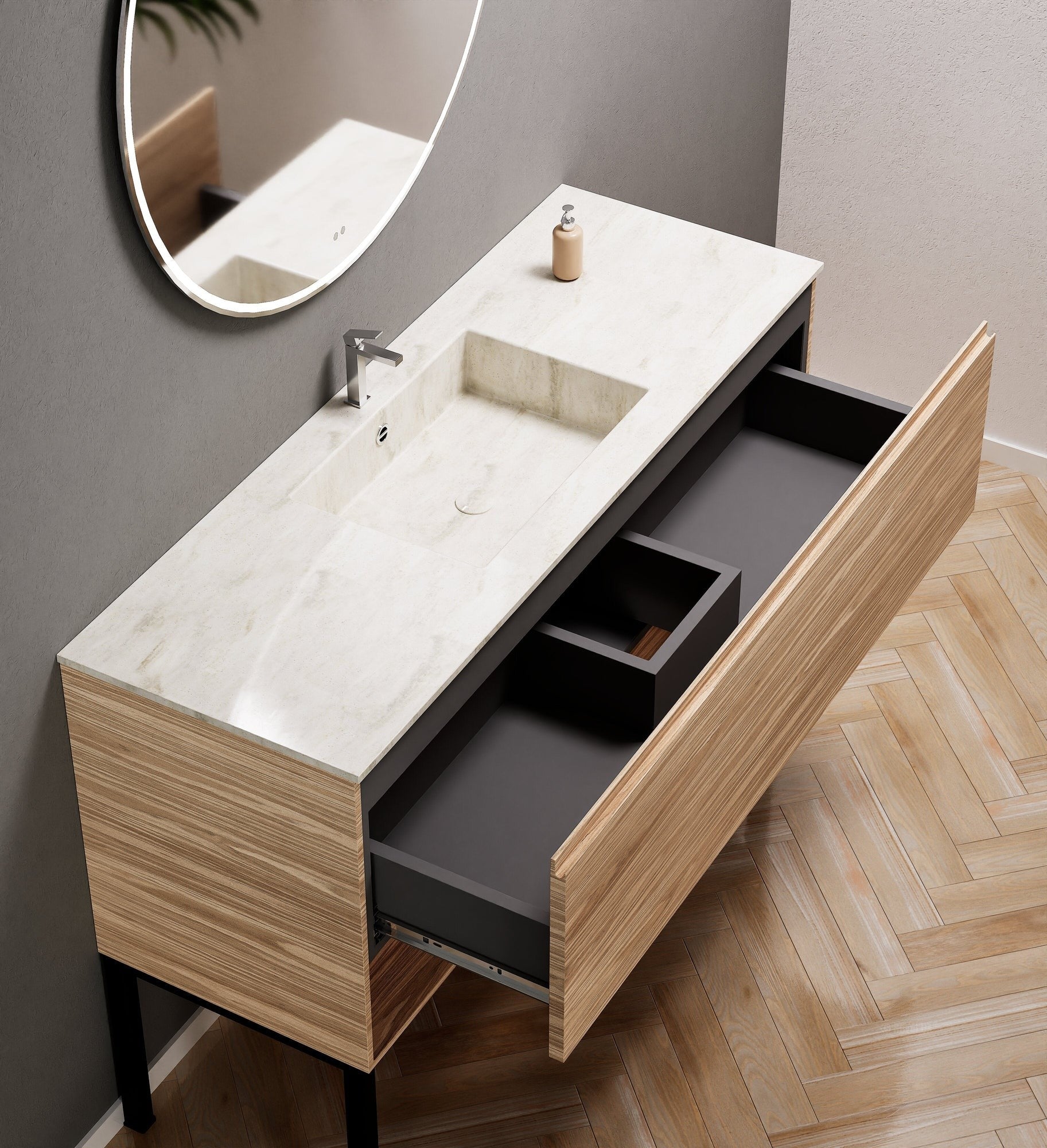 Aurora Single Set with Supporting Legs – Corian Basin & Countertop with 1 Drawer Vanity & Bottom Shelf - ROVALUX